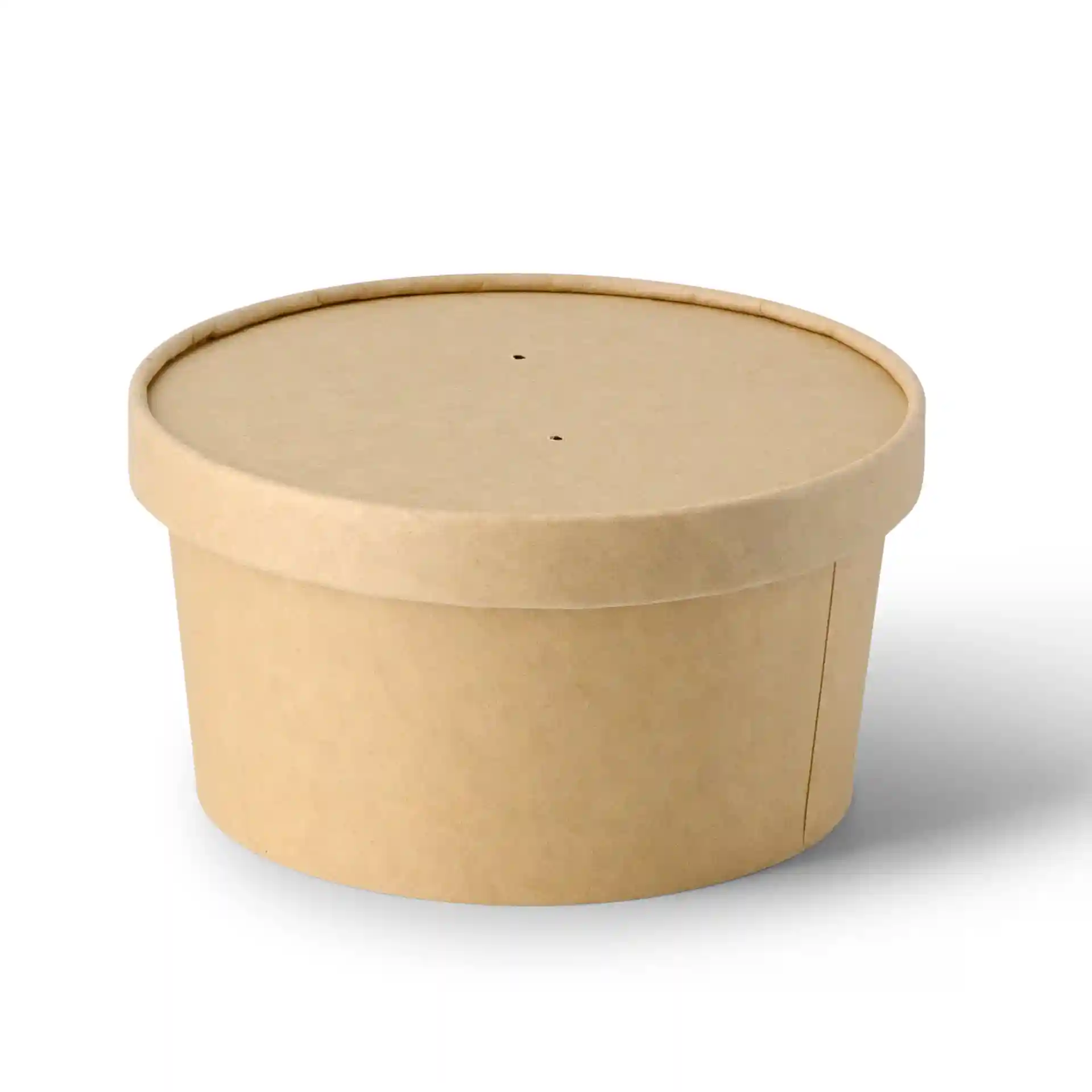 Bol rond en carton brun avec couvercle, deux petits trous en haut, capacité de 800 ml.