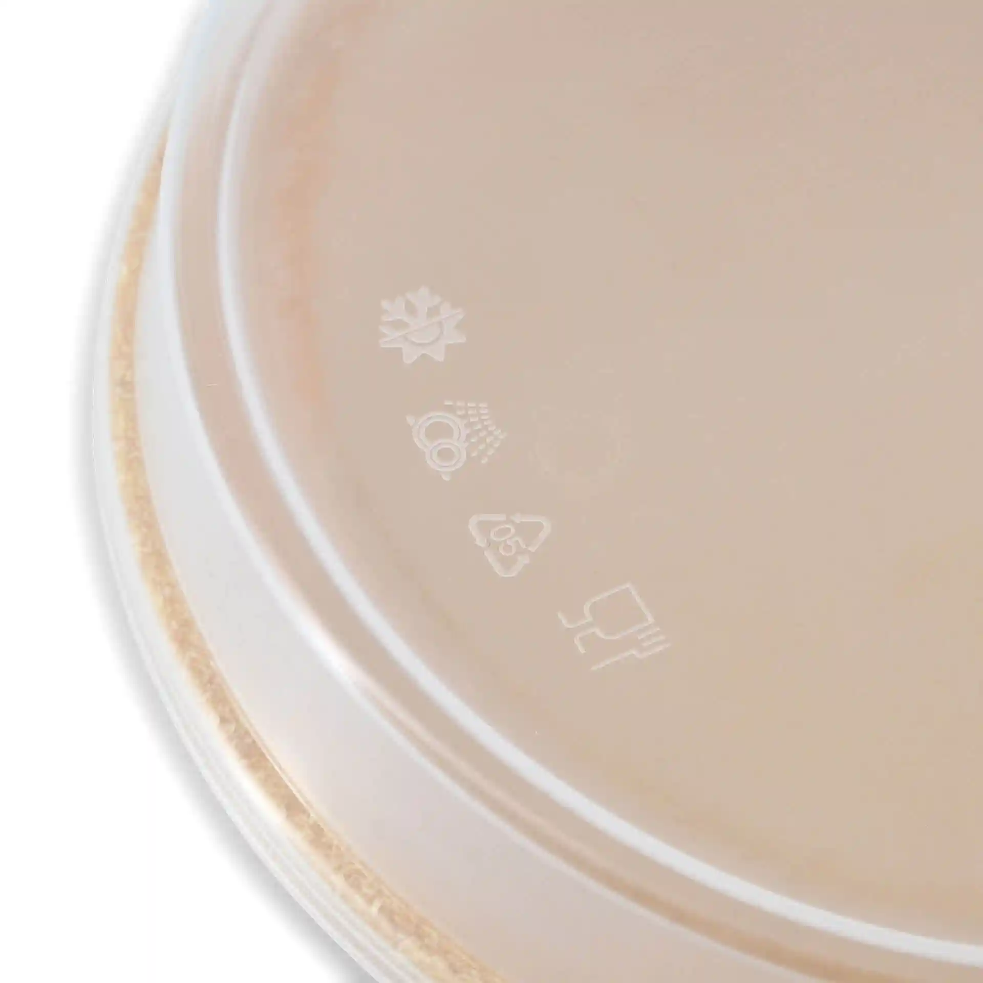 Couvercle réutilisable transparent avec des symboles indiquant les instructions d'utilisation, y compris le stockage au froid et le recyclage.