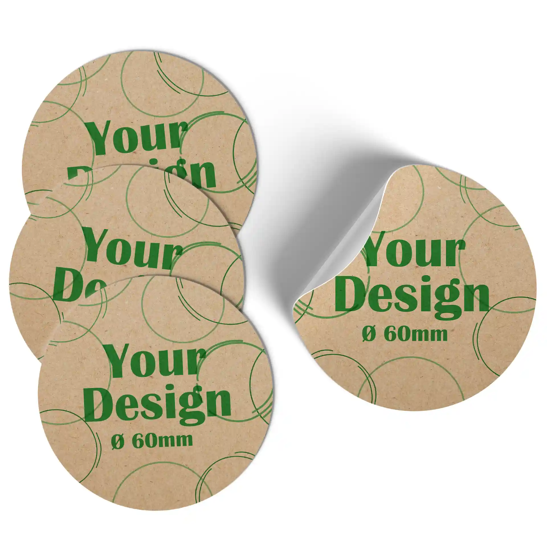 Étiquettes rondes imprimées en papier kraft mat brun, 60 mm de diamètre, avec texte vert et motifs circulaires.