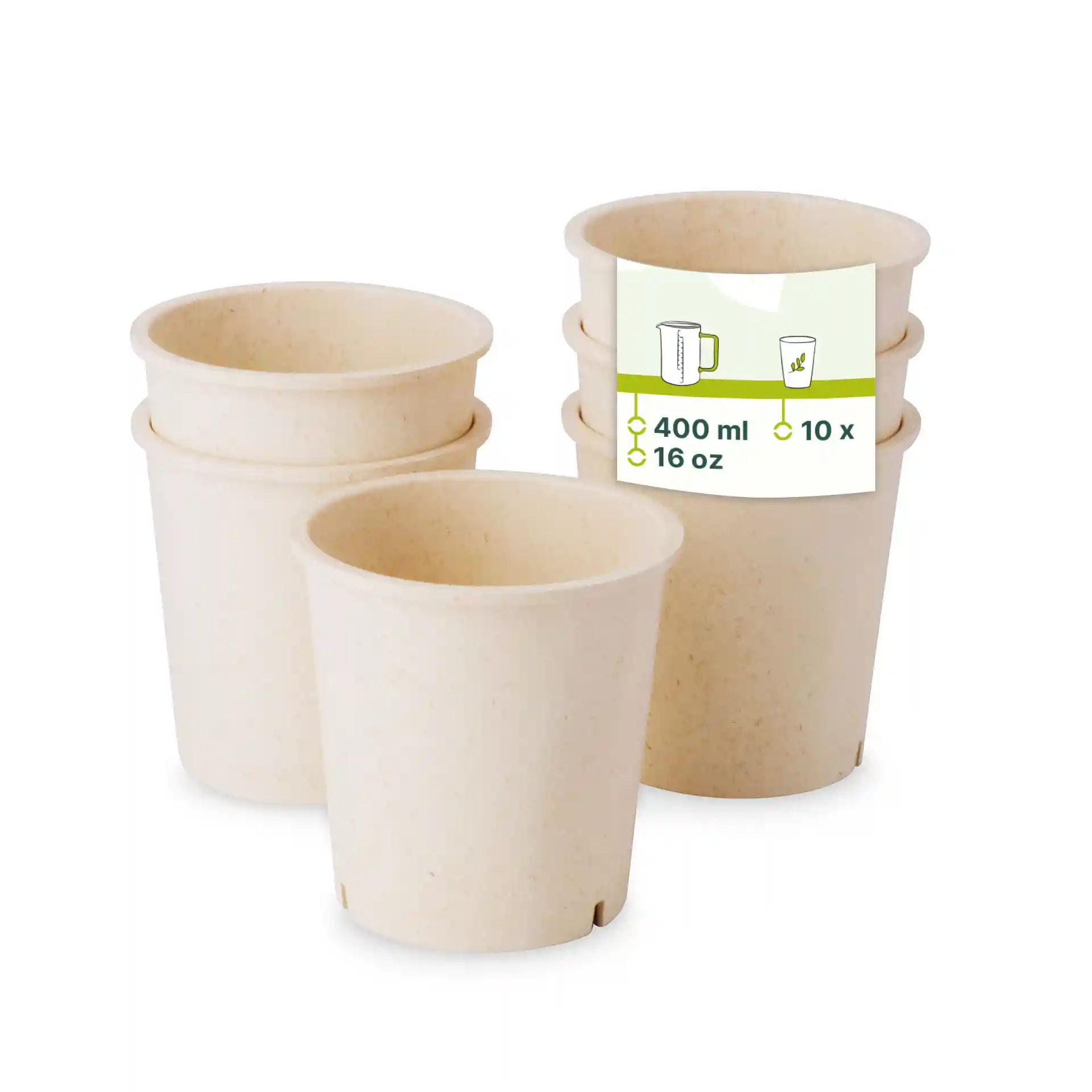 Ensemble de quatre gobelets réutilisables crème blanc en matériau bio, chacun d'une capacité de 400 ml.