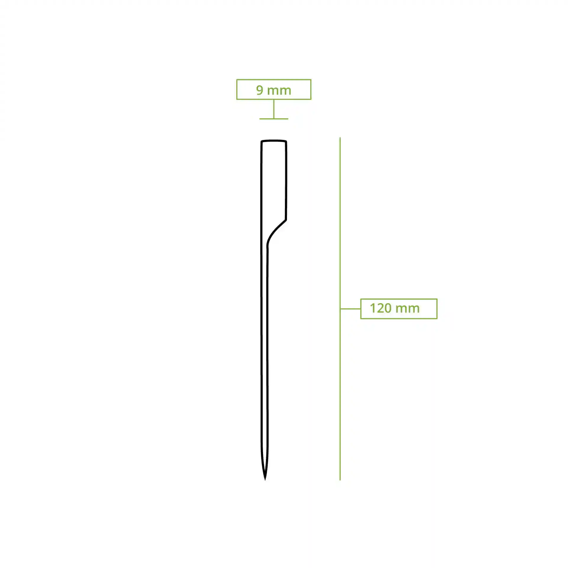 Dessin schématique d'un pique en bambou, long de 120 mm et large de 9 mm, avec une extrémité pointue.