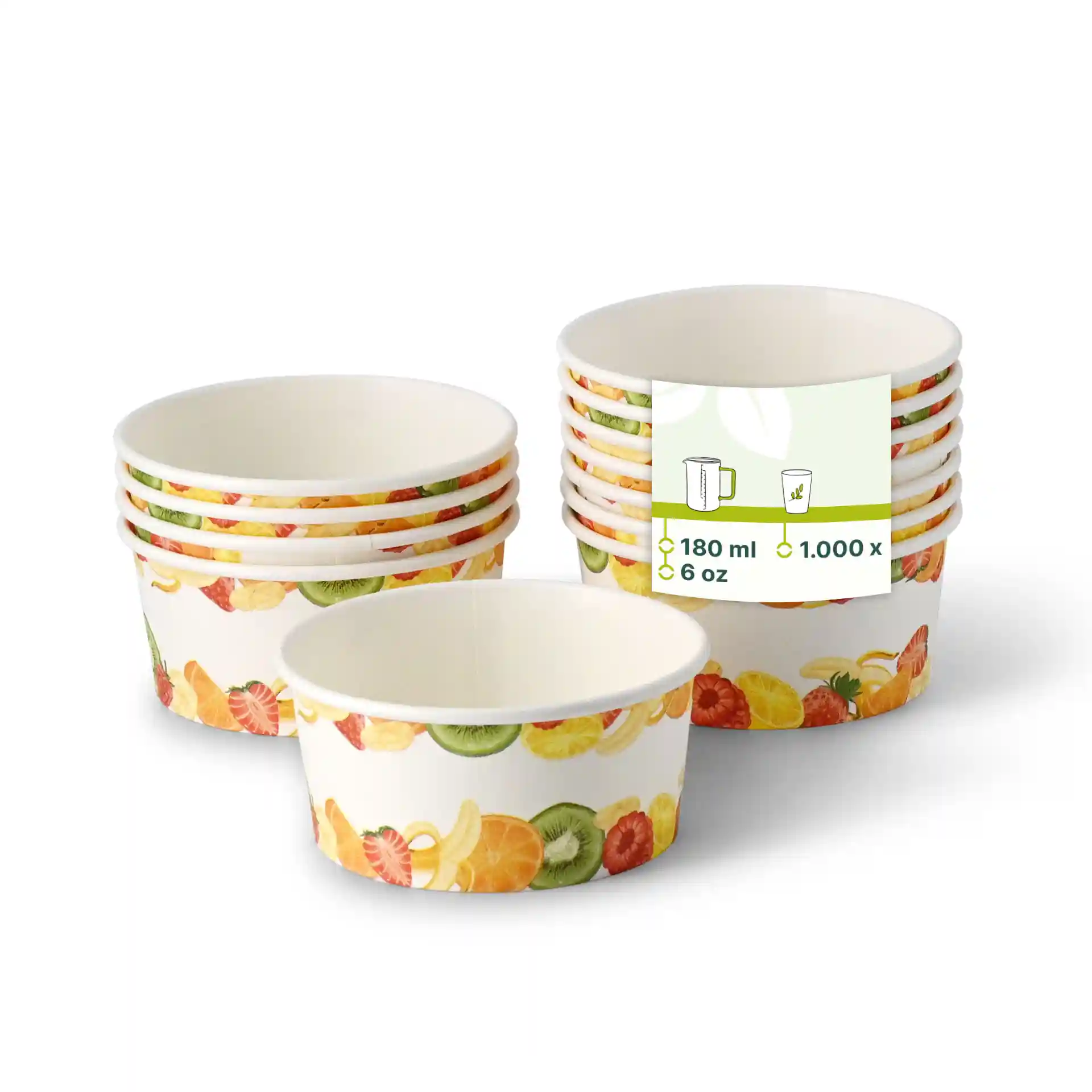 Gobelets en papier ronds avec un design de fruits imprimé, capacité de 180 ml, empilés avec un gobelet devant.