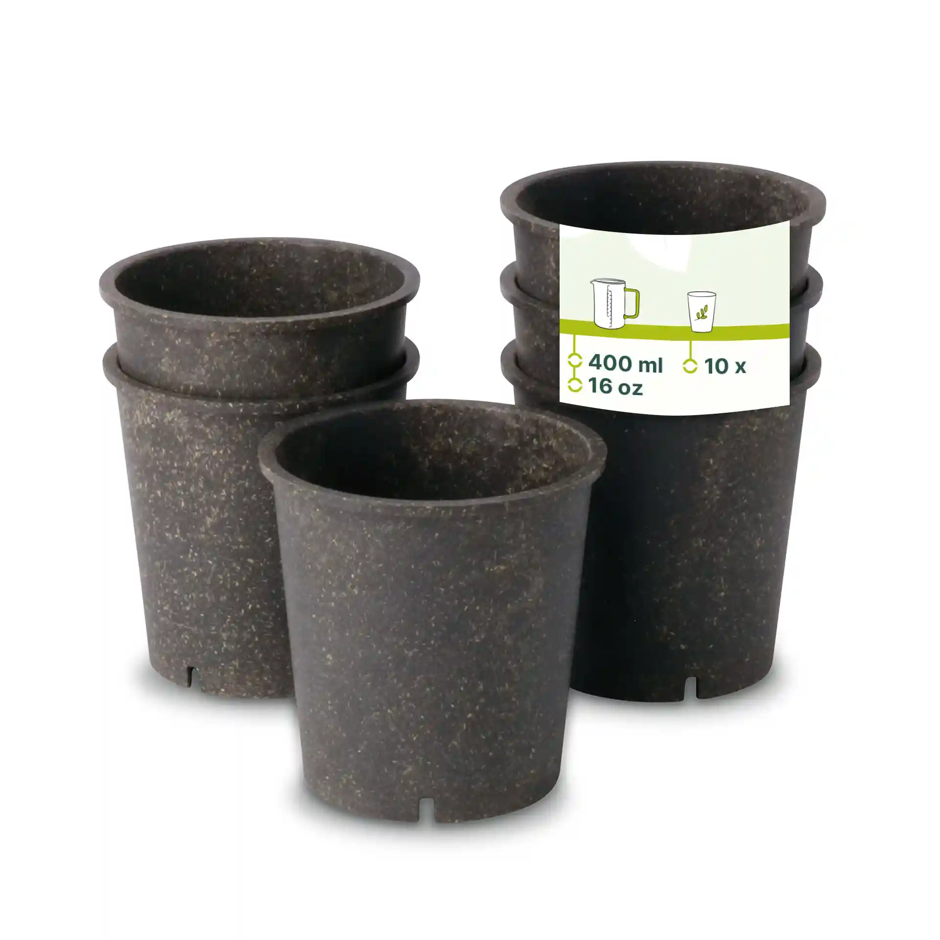 Ensemble de quatre gobelets réutilisables gris en matériau bio, chacun d'une capacité de 400 ml et de forme ronde.