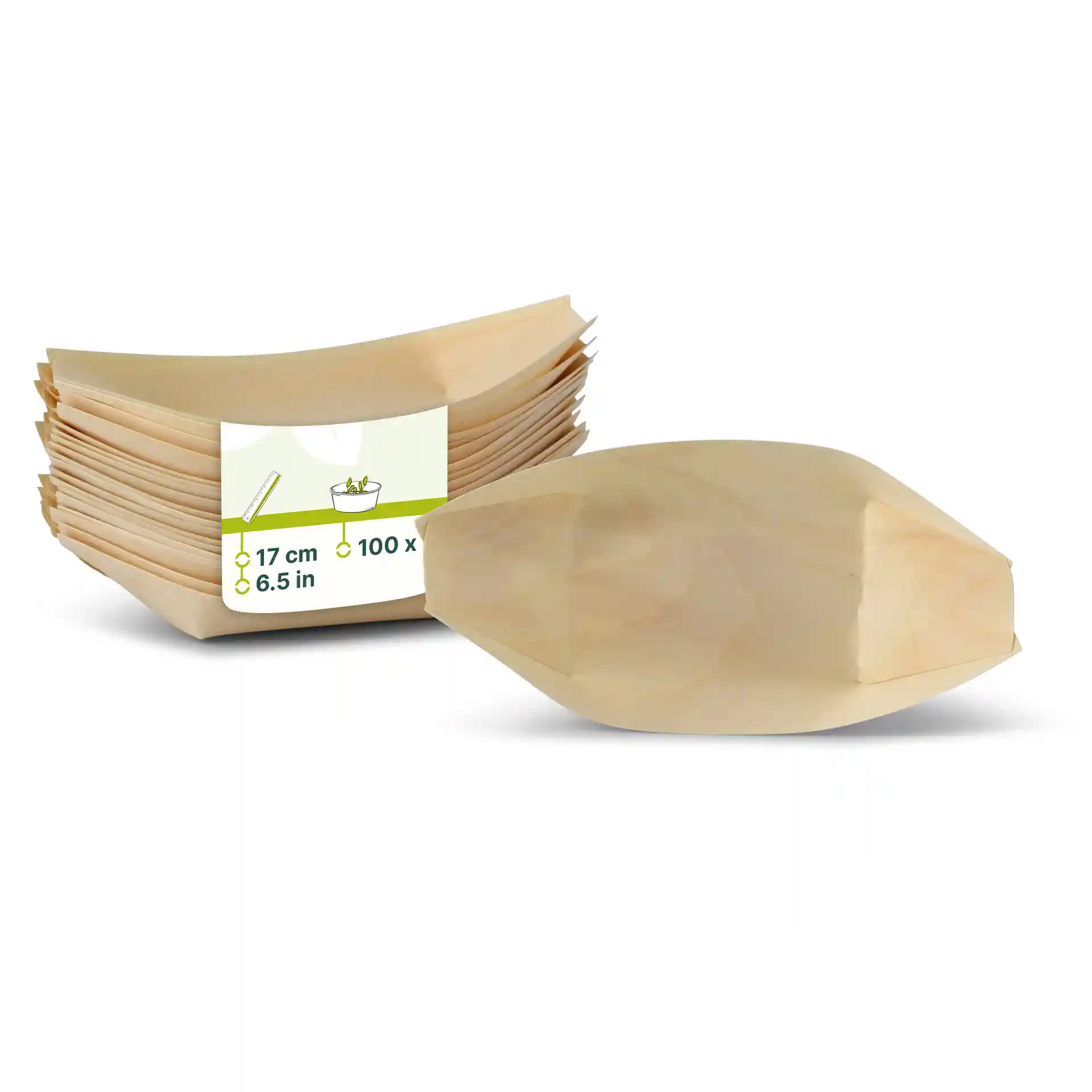 Empilement de bateaux en bois, chacun mesurant 17 cm, avec une étiquette indiquant la quantité de 100 et les dimensions.