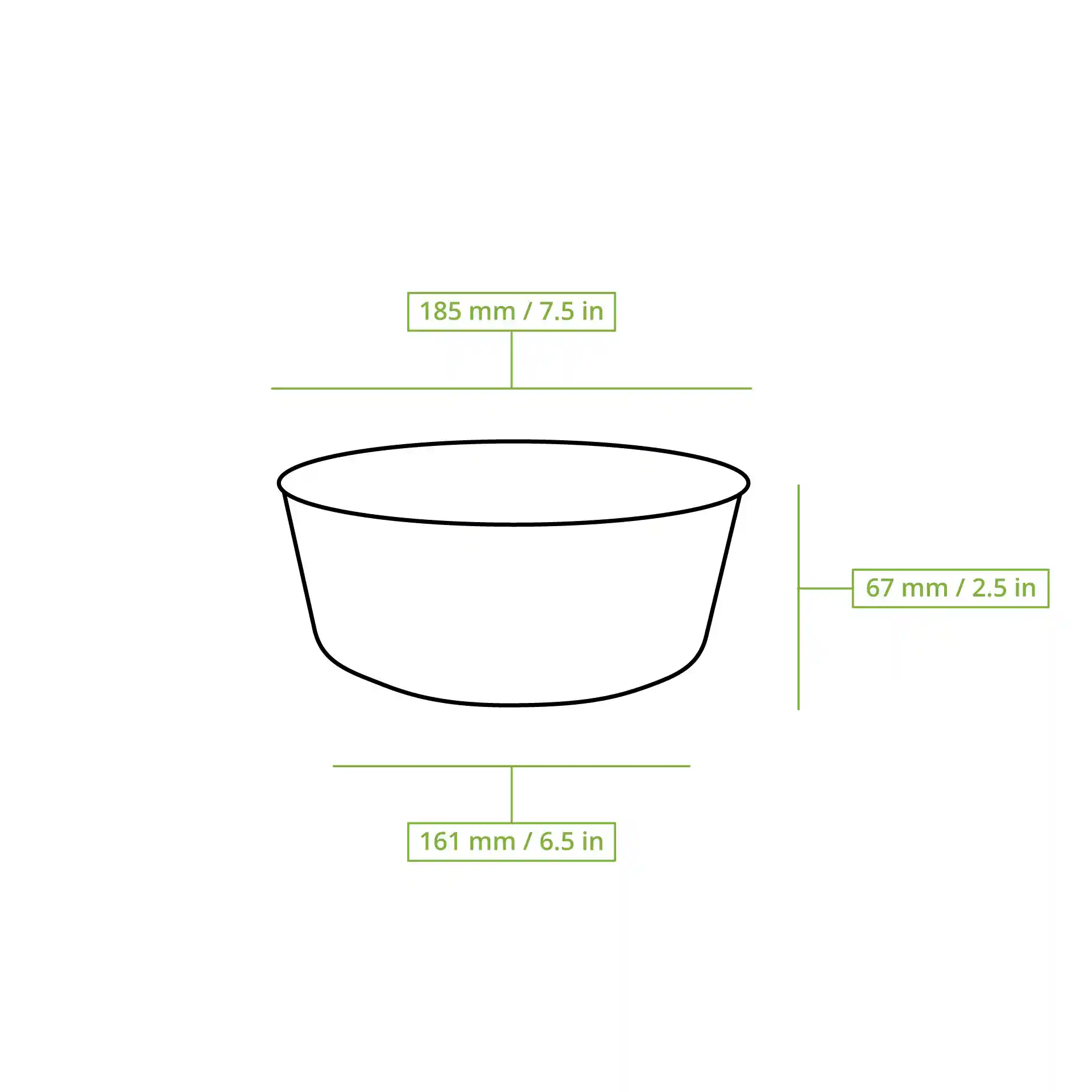 Dessin schématique d'un bol en carton rond avec les dimensions : 185 mm de diamètre, 67 mm de hauteur et 161 mm de diamètre de fond.
