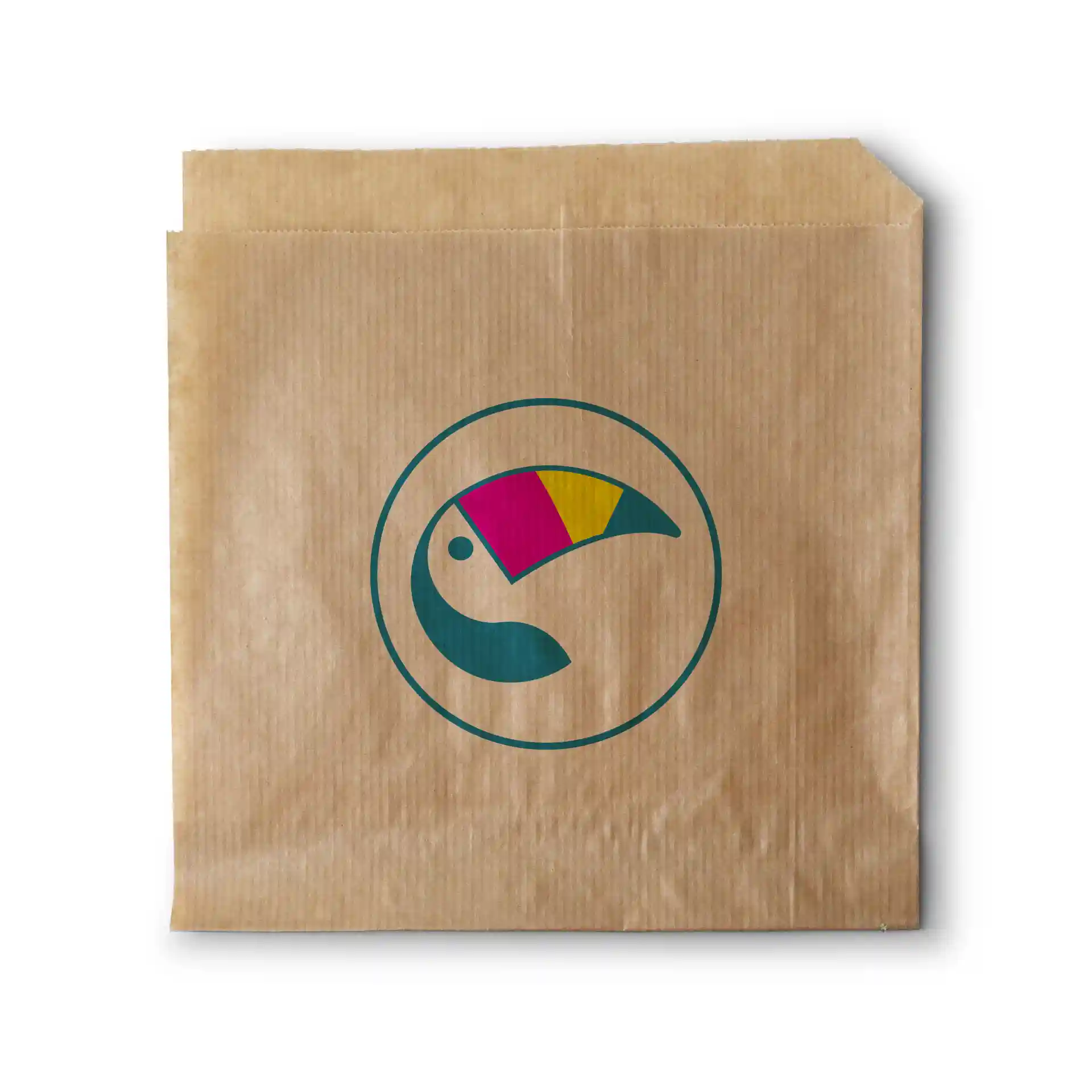 Manchette à burger imprimée marron avec un design circulaire et un graphique de toucan coloré.