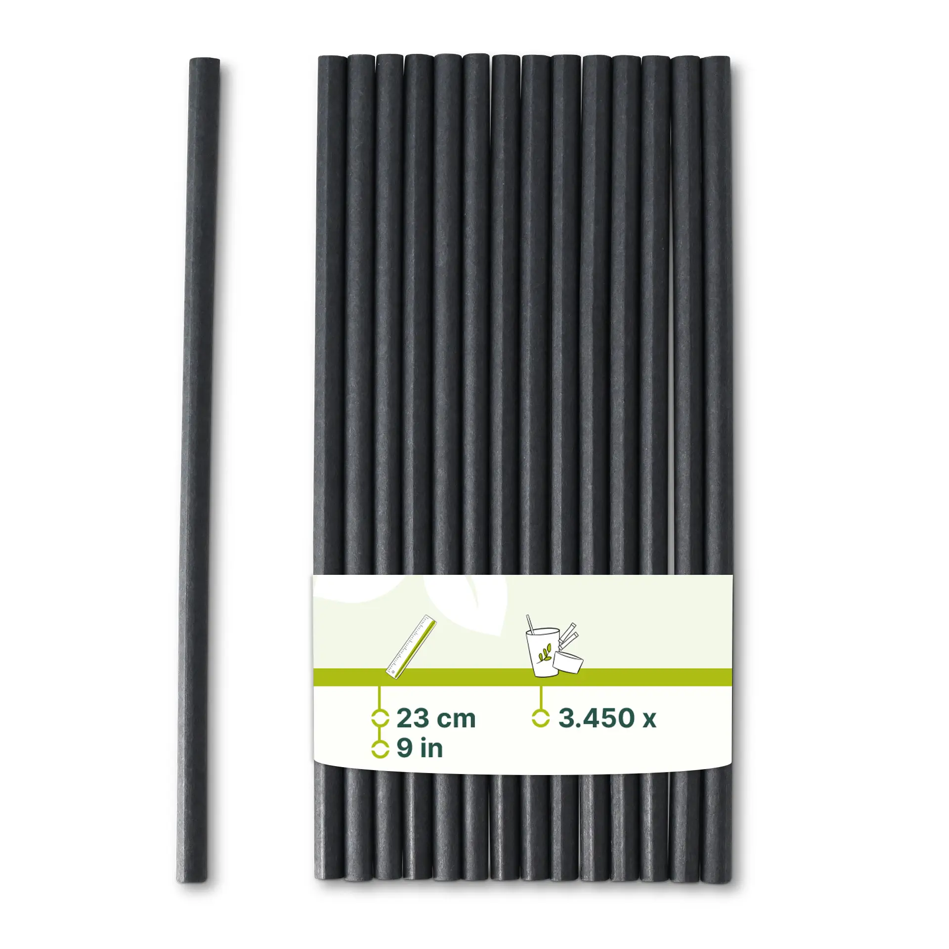 Paille Jumbo en papier 23 cm, Ø 8 mm, noir, roulé verticalement
