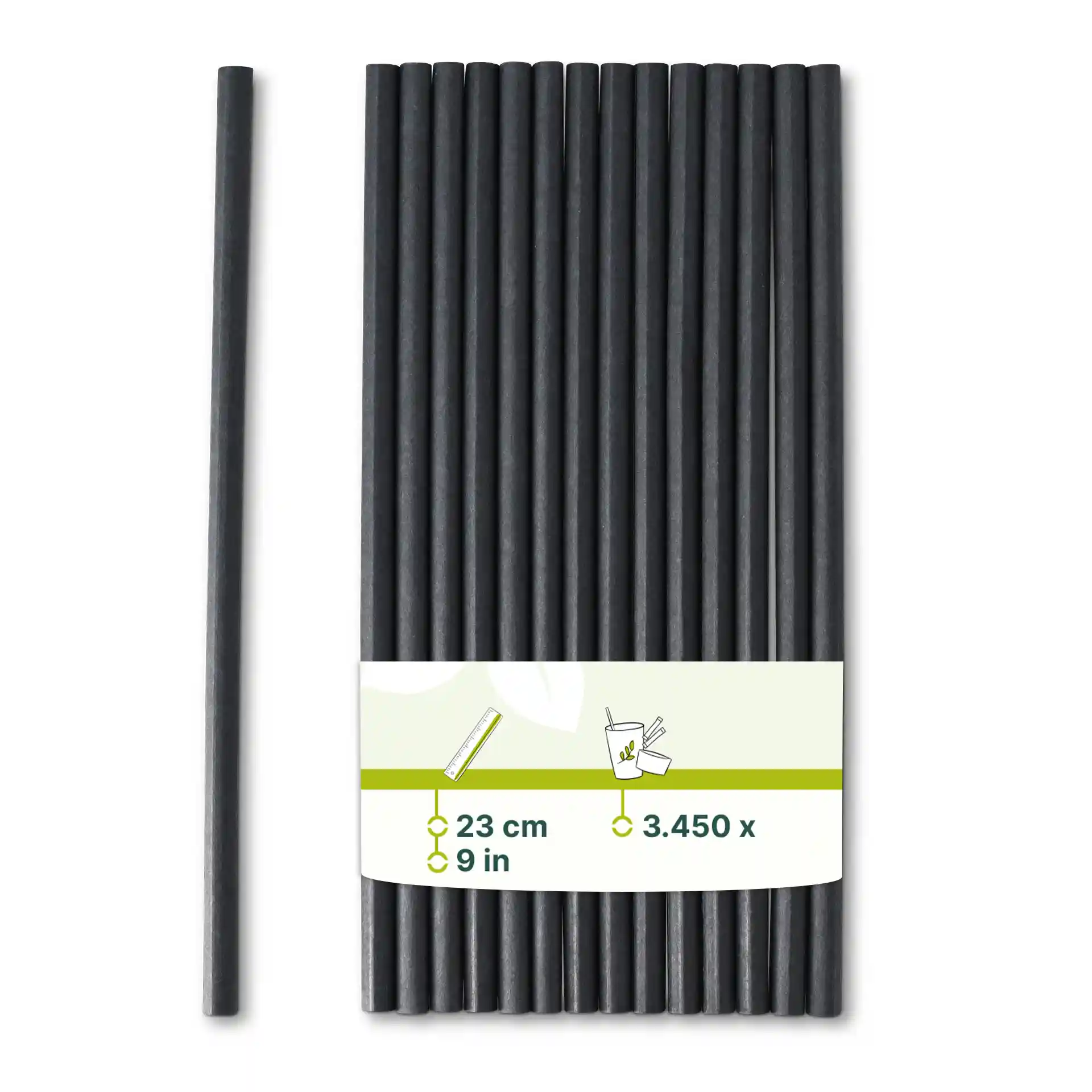 Pailles jumbo en papier noir, 23 cm de long et 0,8 cm de large, disposées verticalement avec une paille sur le côté.