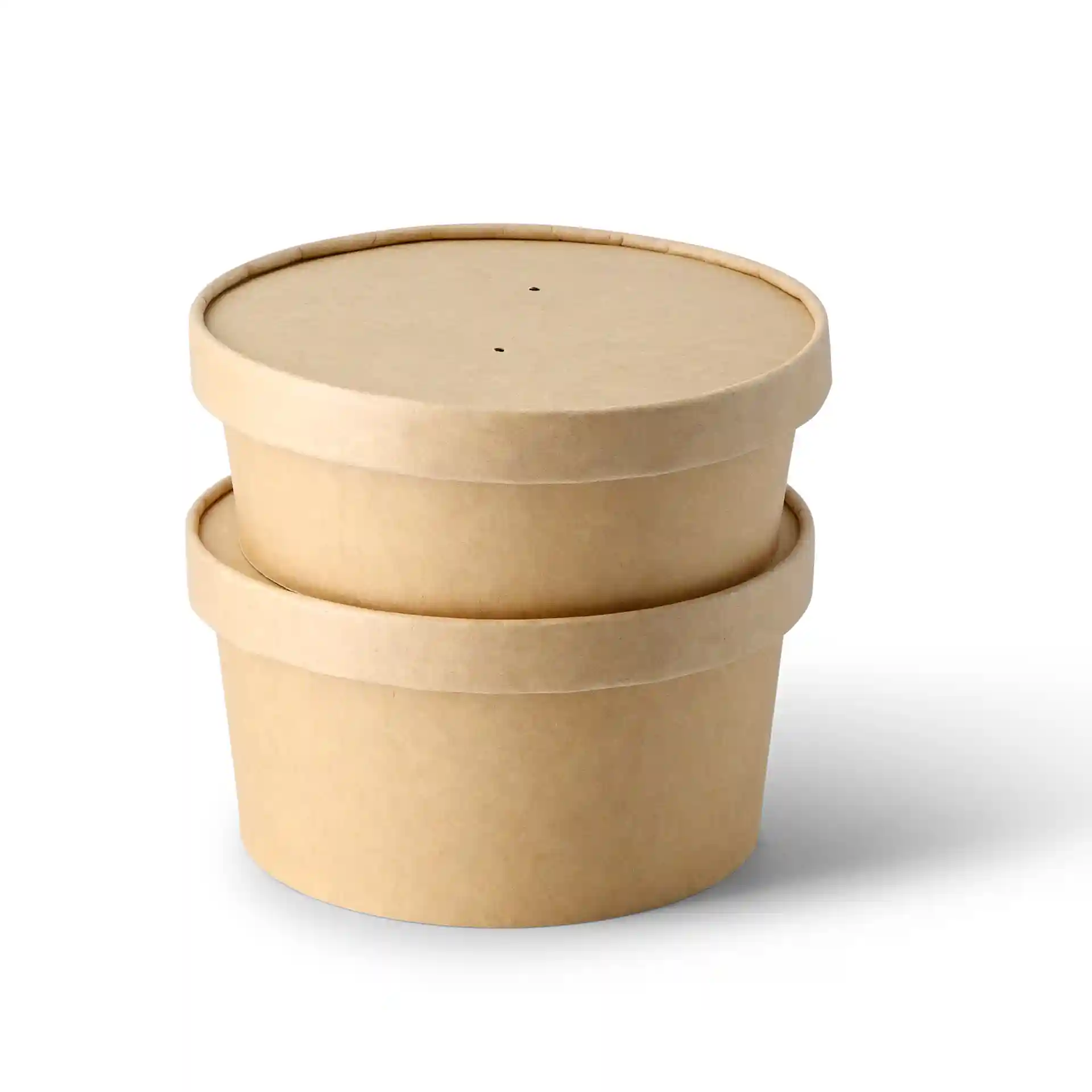 Conteneurs ronds en carton marron avec couvercles, empilés les uns sur les autres, montrant une surface lisse.