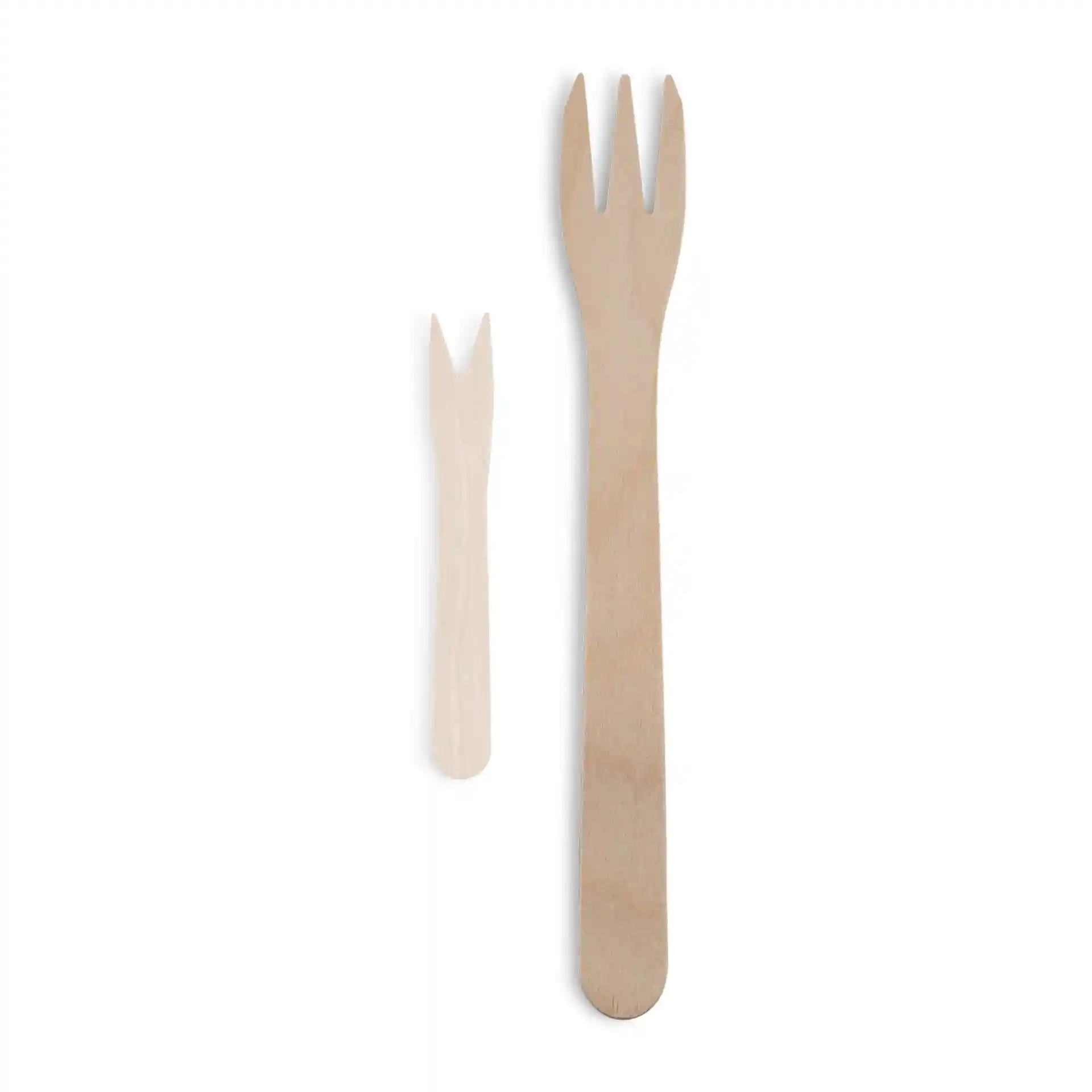Image de deux fourchettes en bois pour chips, une grande (17,5 cm) et une petite, toutes deux à trois dents sur fond blanc.