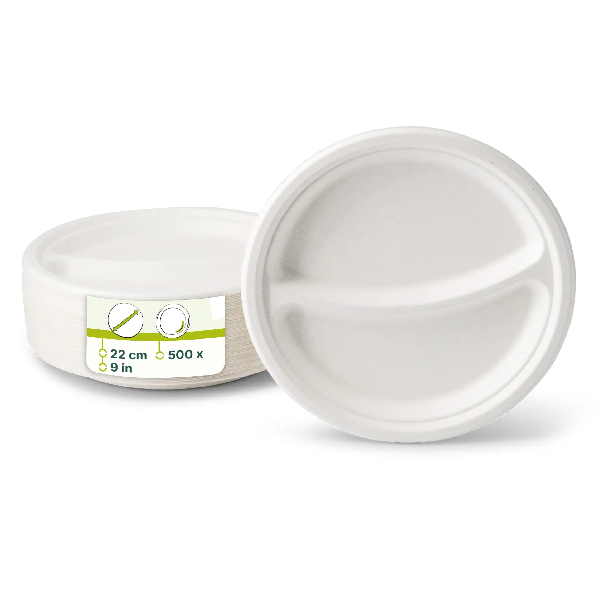 Assiette en canne à sucre Ø 22 cm, 2 compartiments, ronde Assiette en canne à sucre Ø 22 cm, 2 compartiments, ronde