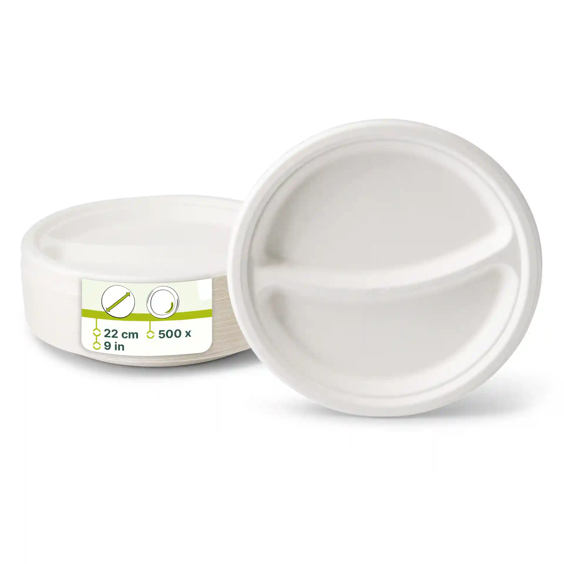 Assiette de menu ronde en canne à sucre blanche avec deux compartiments, diamètre 22 cm, présentée avec une étiquette.