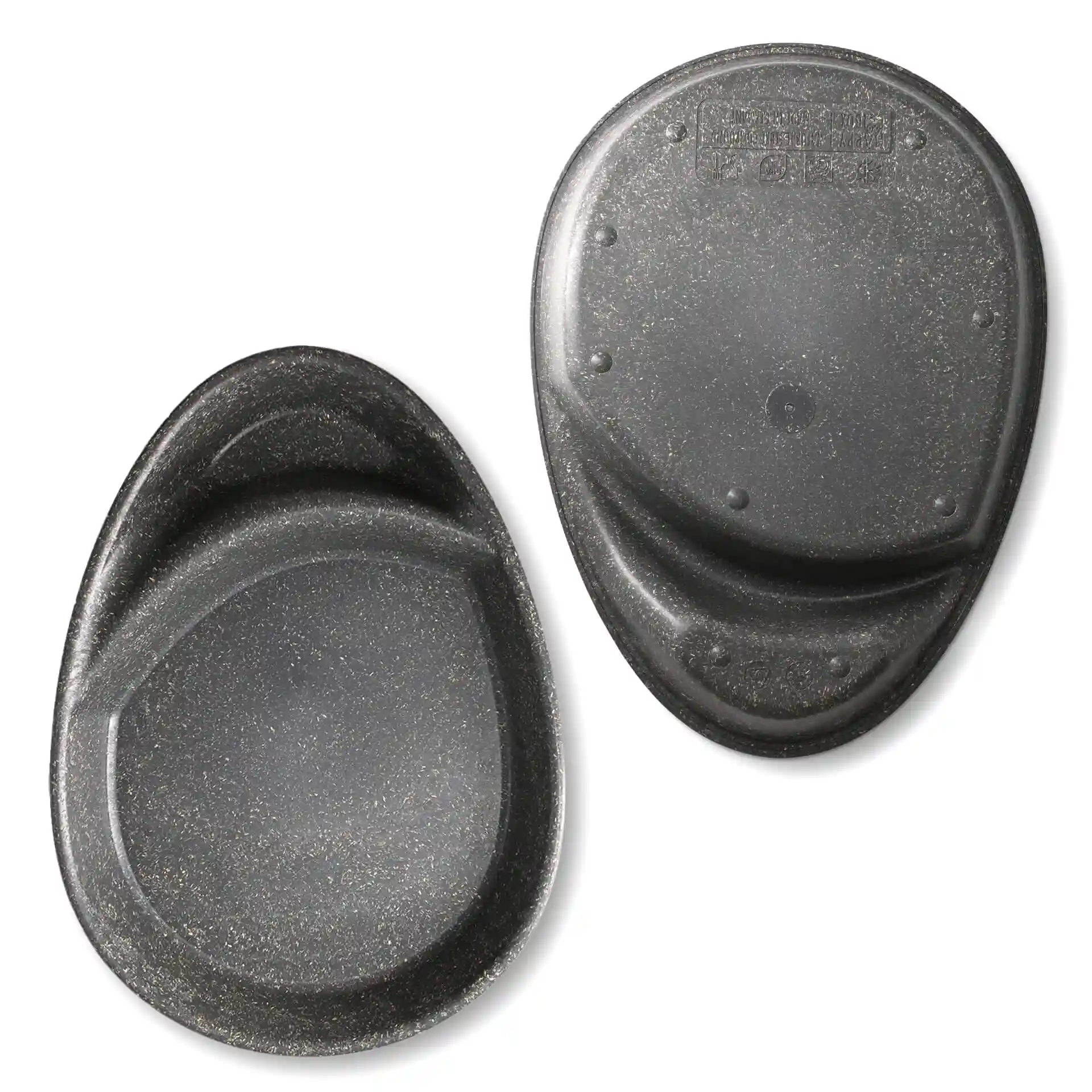 Assiette divisée réutilisable en forme de goutte avec deux compartiments, couleur grise, dimensions 27,5 × 20 × 3,5 cm.