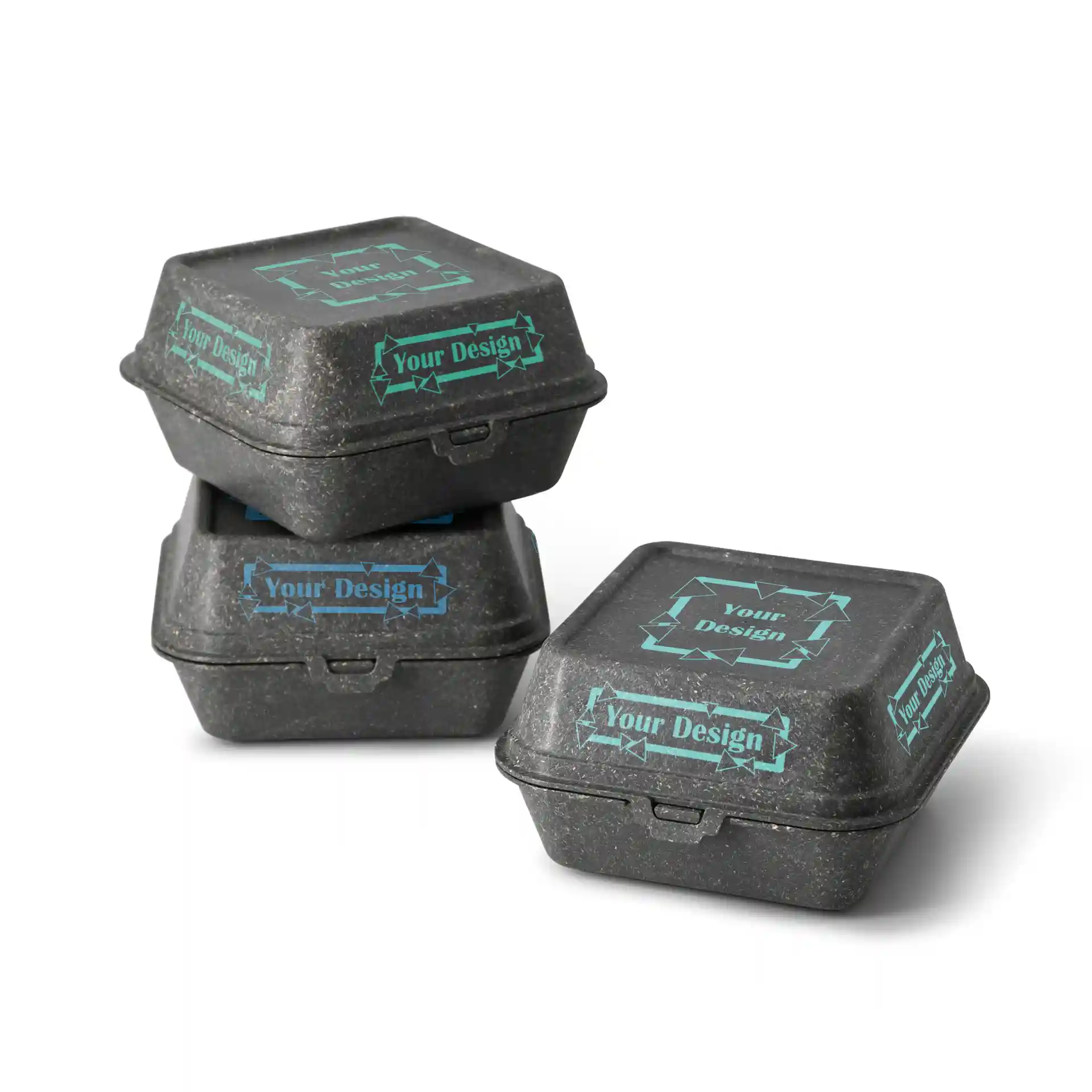 Empilement de trois boîtes à burgers réutilisables grises imprimées, de forme rectangulaire et avec des marques de design visibles.