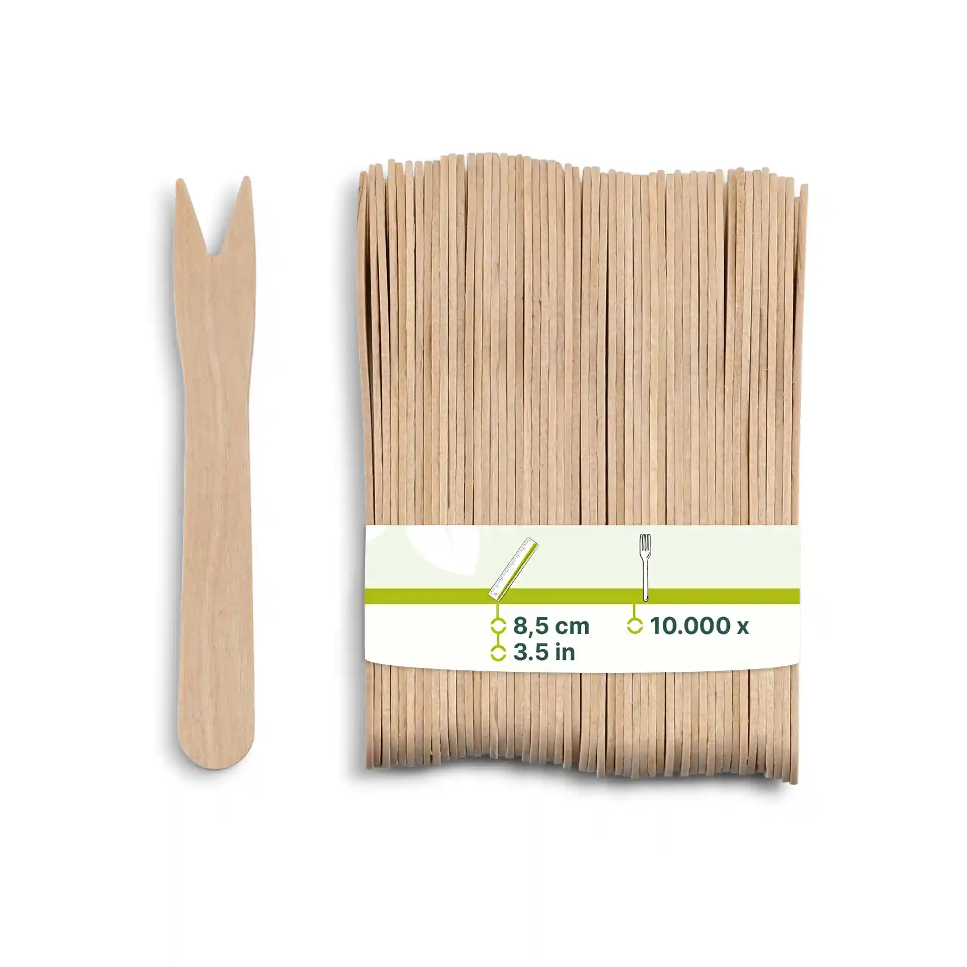 Fourchette en bois à deux dents, à côté d'un ensemble de fourchettes similaires, sur fond blanc.