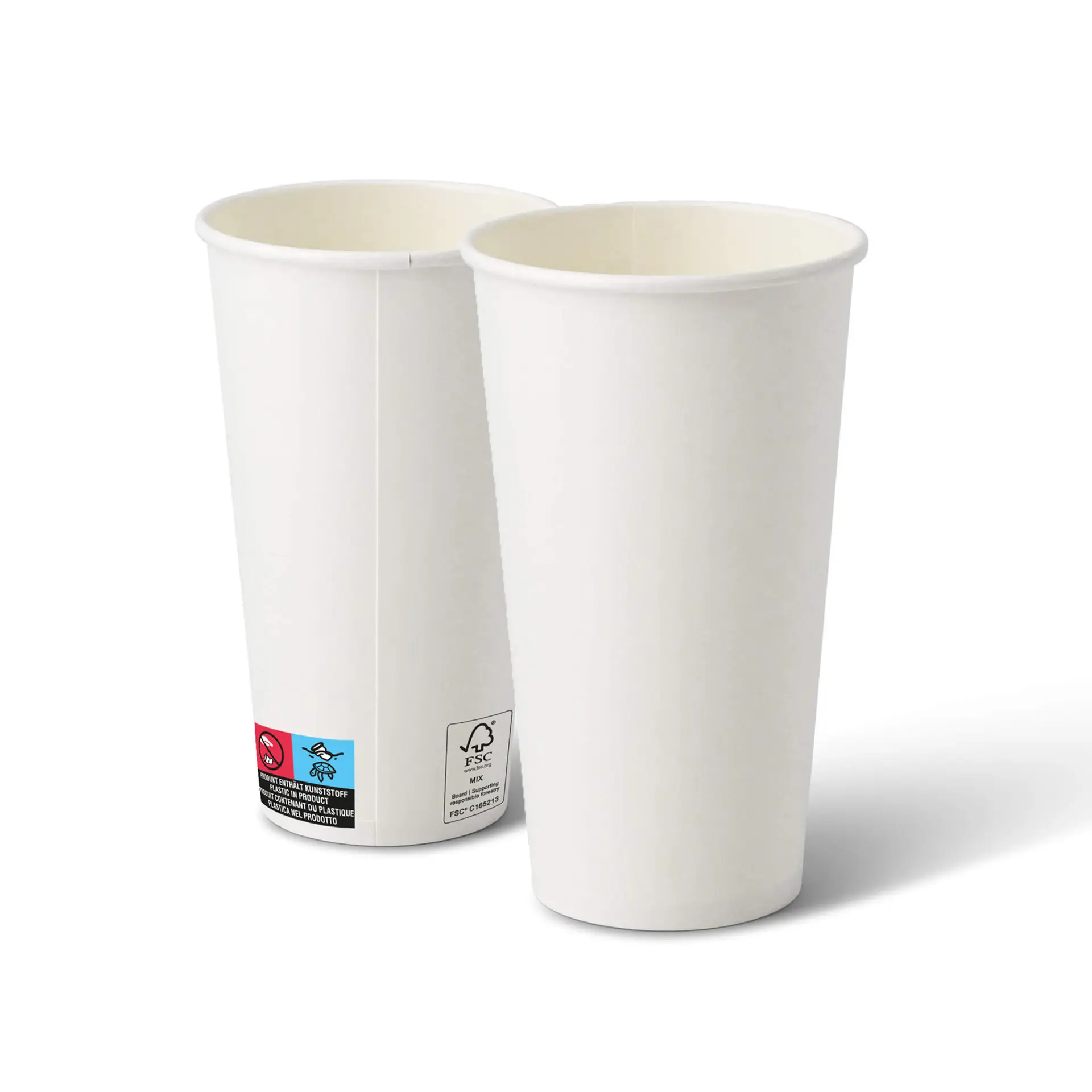 Gobelets en papier blancs, 20 oz, forme ronde et revêtement PE, présentés en groupe de deux.