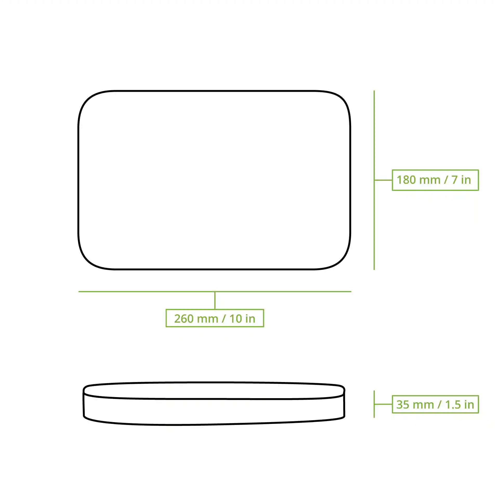 Dessin schématique d'un couvercle rectangulaire avec des dimensions de 260 mm par 180 mm et une hauteur de 35 mm.