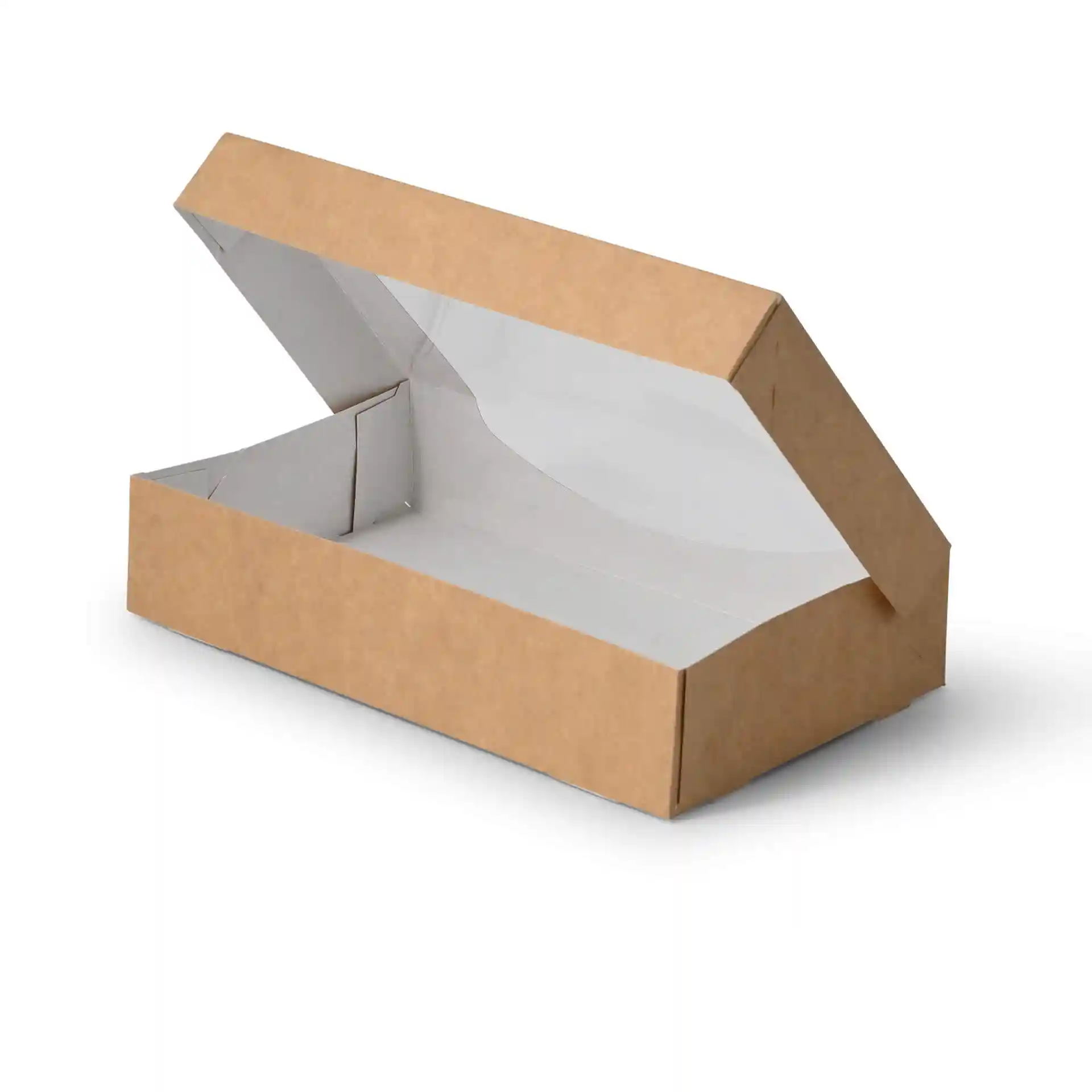 Boîte en carton brun avec intérieur blanc, mesurant 20 x 12 x 4 cm, partiellement ouverte.
