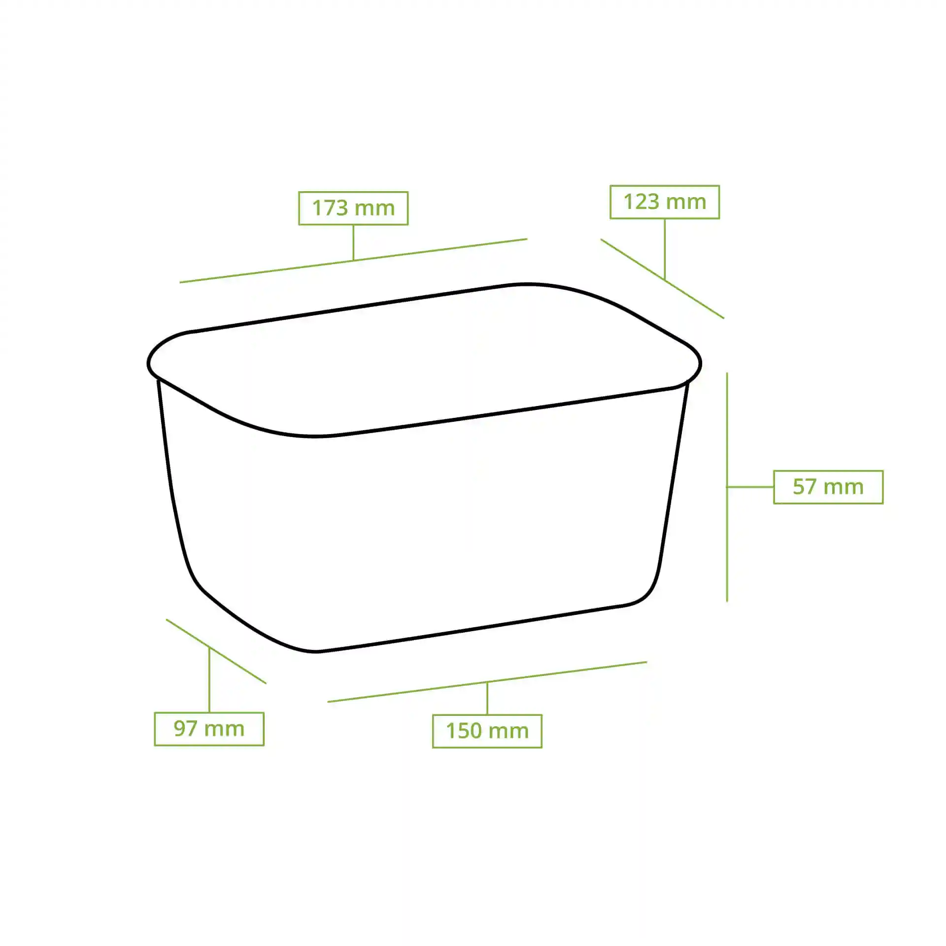 Dessin schématique d'un conteneur alimentaire rectangulaire avec dimensions étiquetées : 173 mm de long, 123 mm de large, 57 mm de haut.