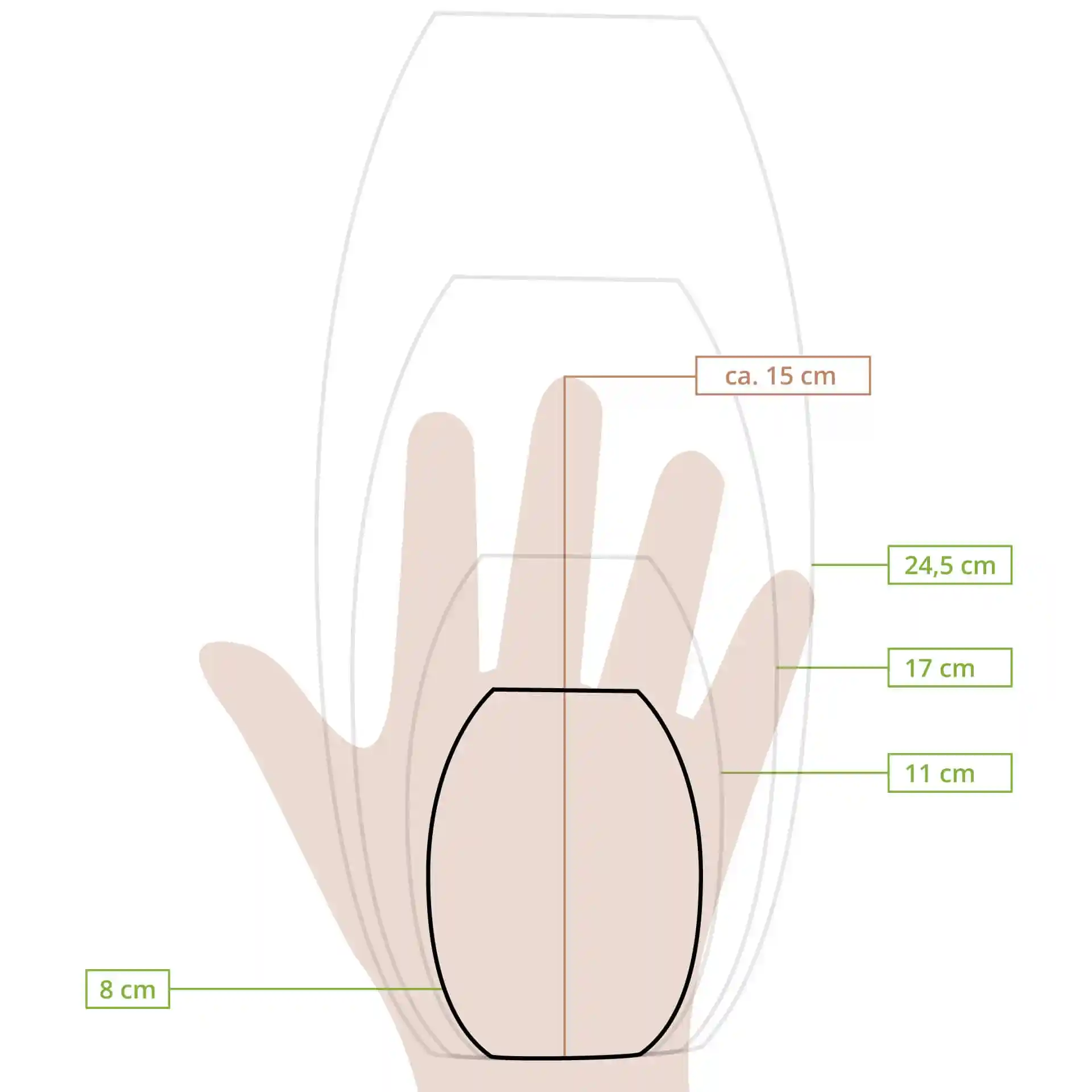 Dessin schématique d'une main avec dimensions pour un bateau en bois, montrant 8 cm, 11 cm, 15 cm, 17 cm et 24,5 cm.