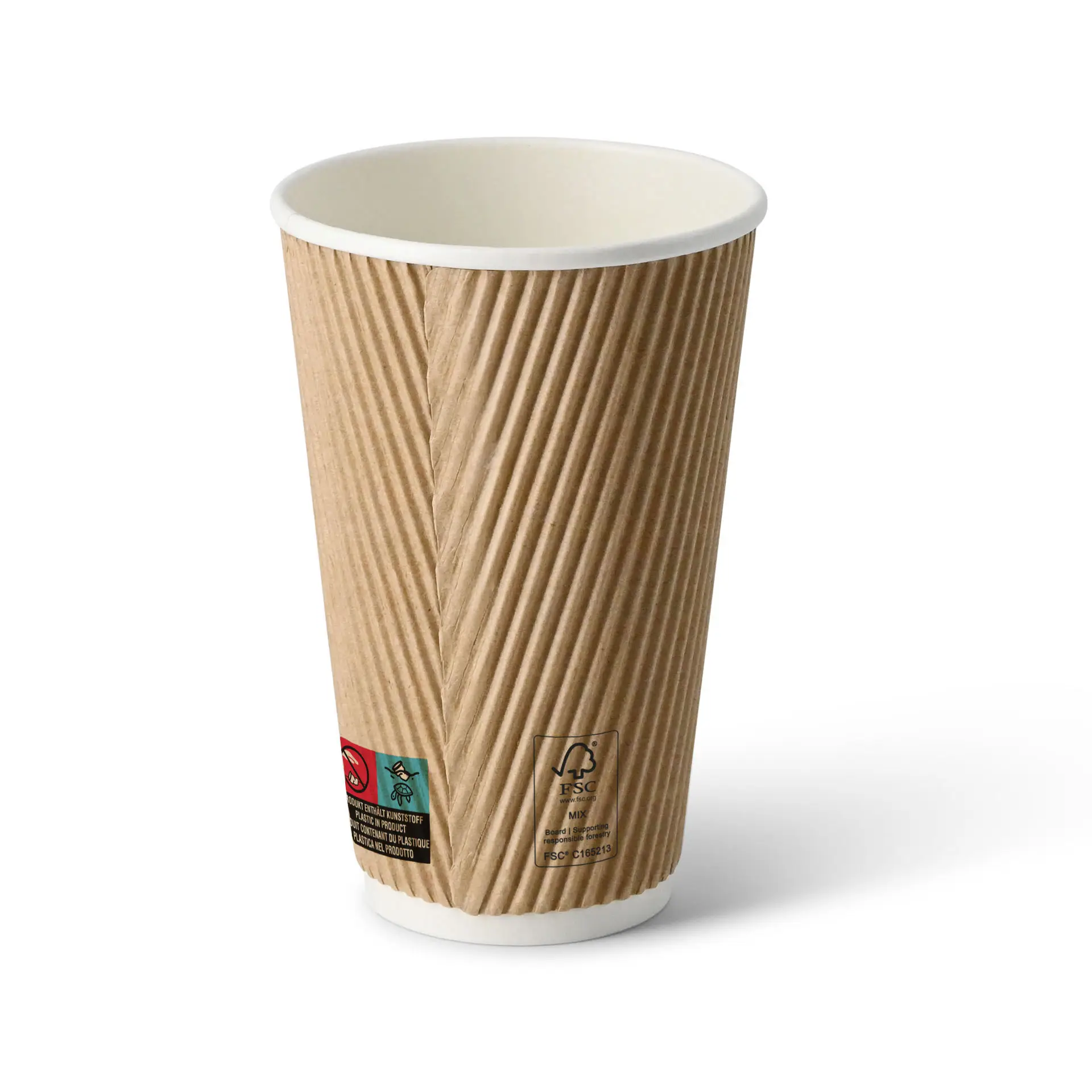 Tasse à café marron ondulée avec un intérieur blanc, capacité de 16 oz, forme ronde et symboles de certification visibles.