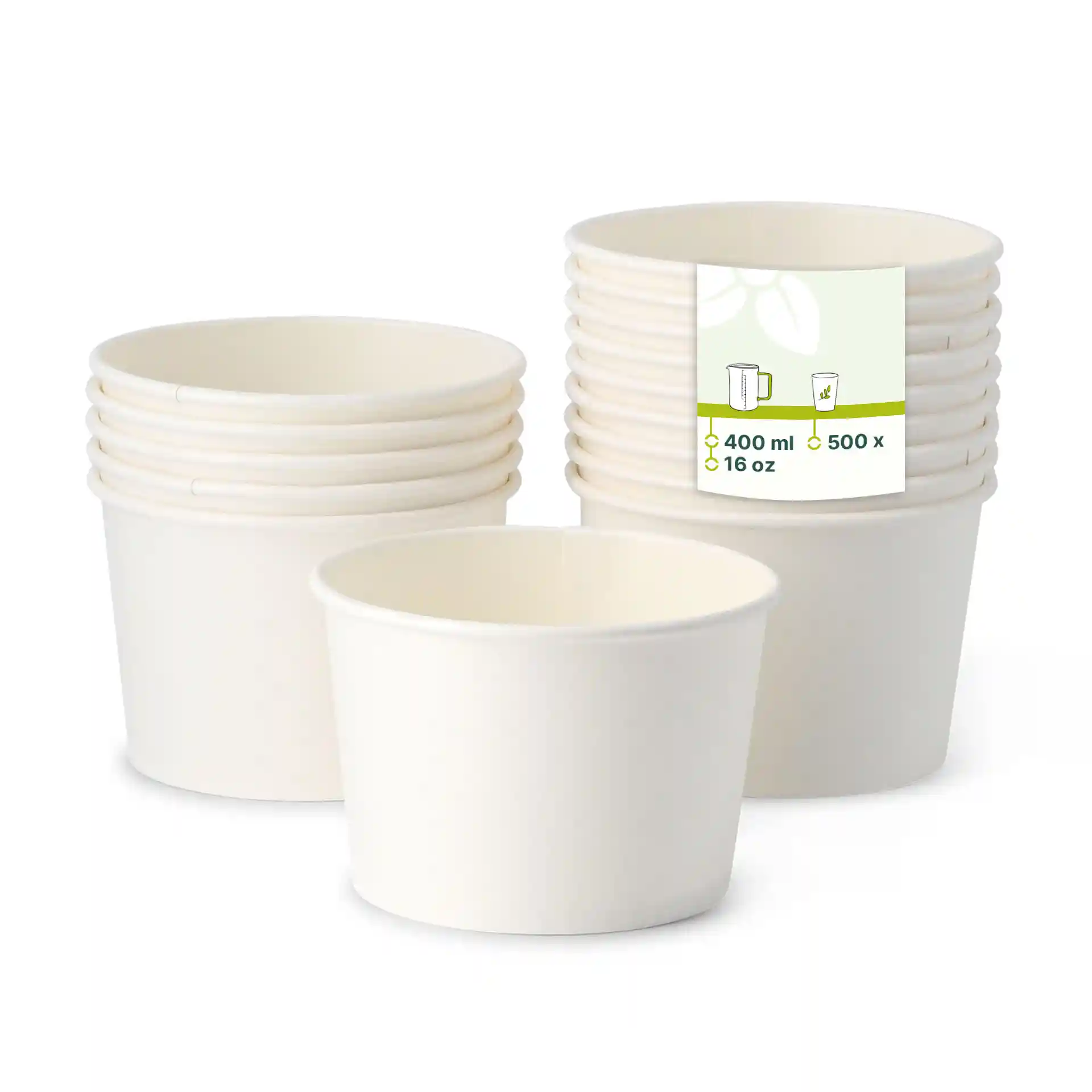 Contenants à soupe en papier blancs et ronds empilés, avec une étiquette indiquant le volume et les détails de quantité.