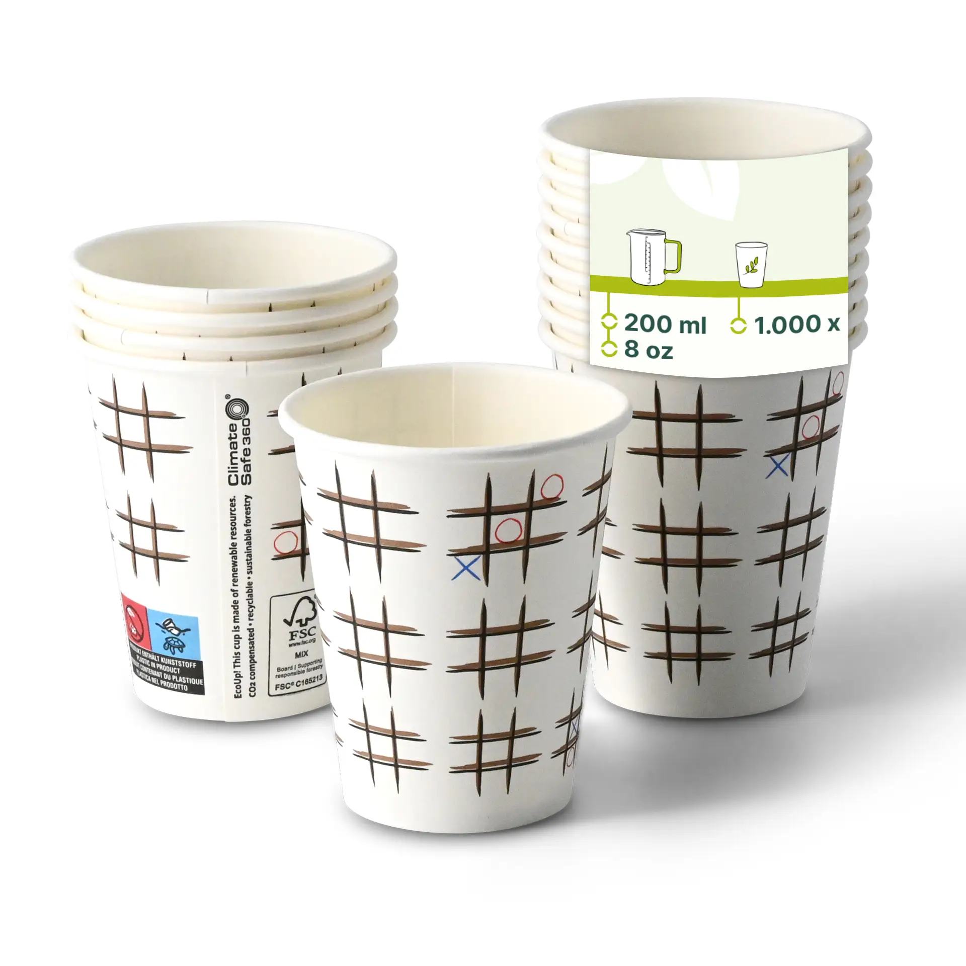 Gobelet en carton imprimé "Tic Tac Toe" (revêtu) 200 ml / 8 oz, Ø 80 mm, blanc con10030-01-0-pappbecher-bedruckt-tic-tac-toe-beschichtet-200-ml-8-oz-80-mm-weiss