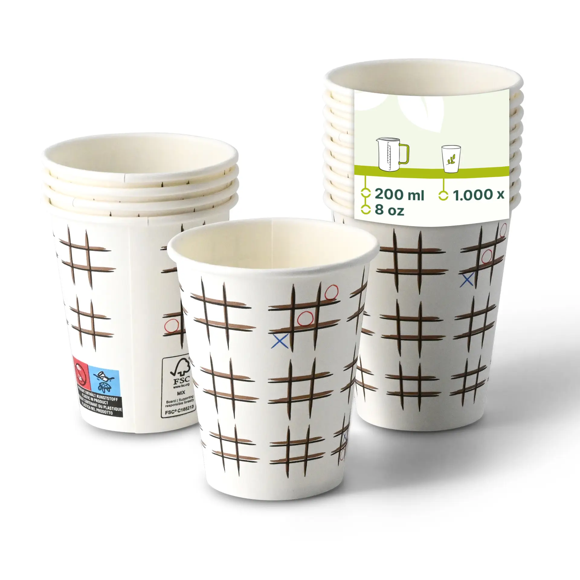 Un gobelet en papier blanc avec un imprimé "Tic Tac Toe" au premier plan ; plusieurs gobelets similaires en arrière-plan avec opacité réduite.