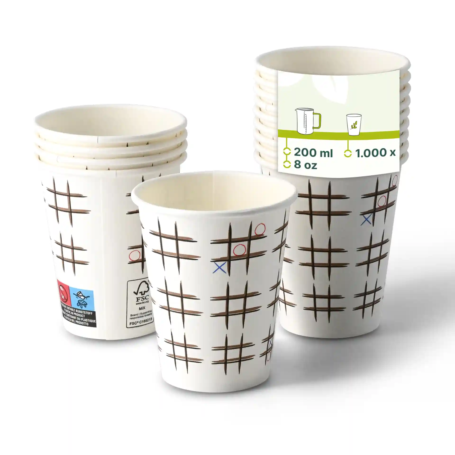 Gobelets en papier blancs avec un imprimé "Tic Tac Toe", forme ronde, capacité de 8 oz, empilés avec un gobelet devant.