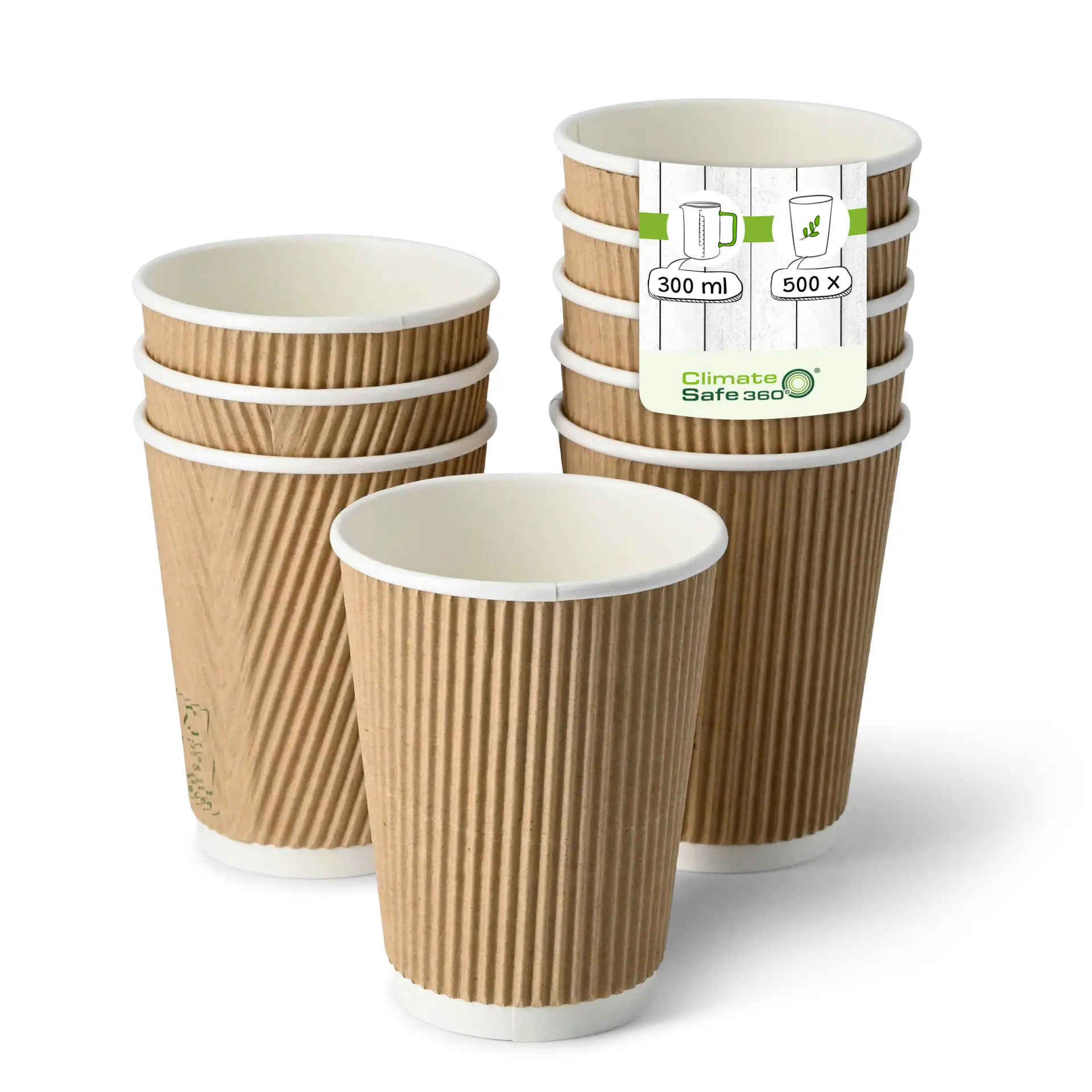 Une tasse ondulée brune (12 oz) avec un intérieur blanc, entourée de tasses supplémentaires, étiquetées pour 300 ml et 500 unités.