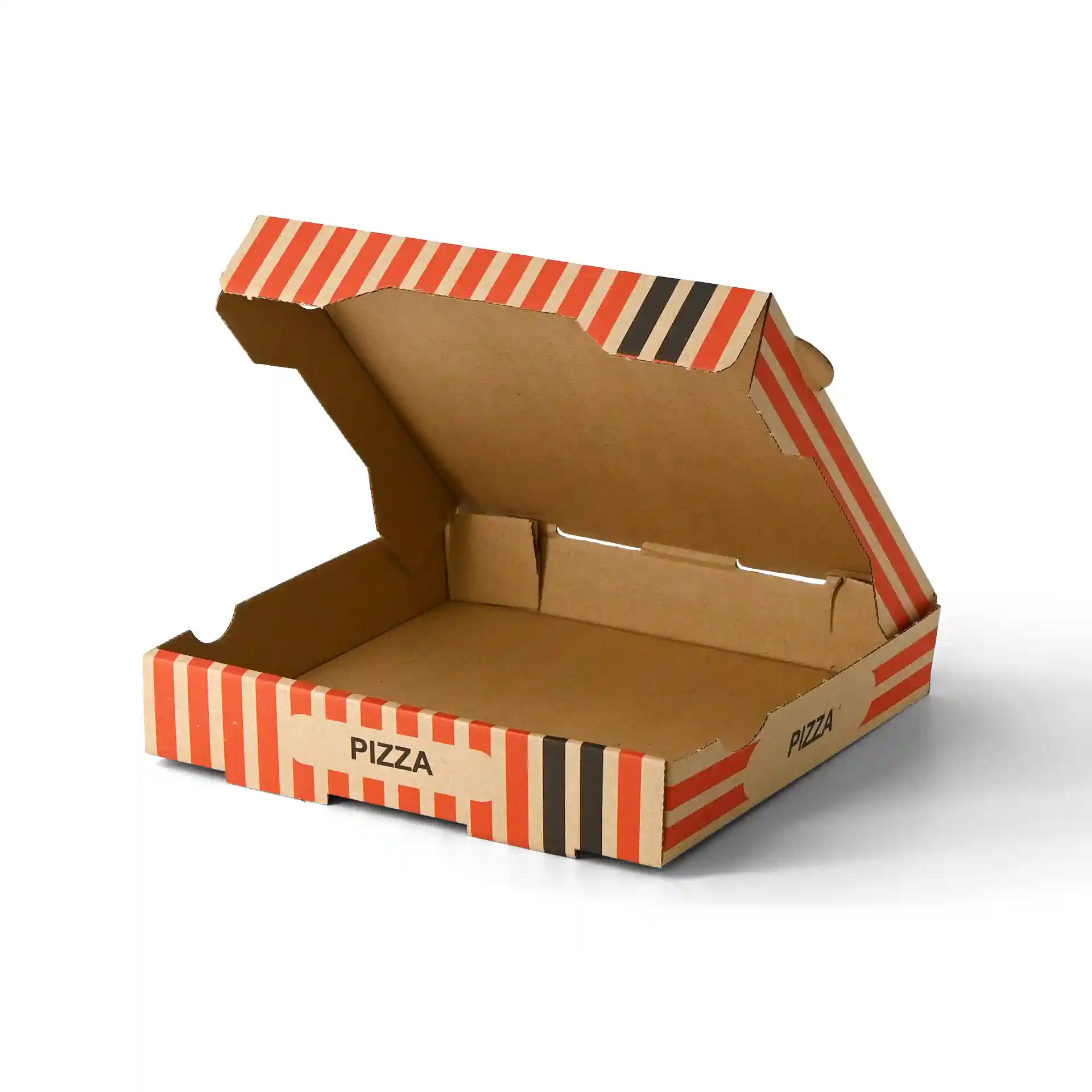 Boîte à pizza brune avec un design de chef pizzaiolo, mesurant 26 x 26 x 4 cm, montrée ouverte.