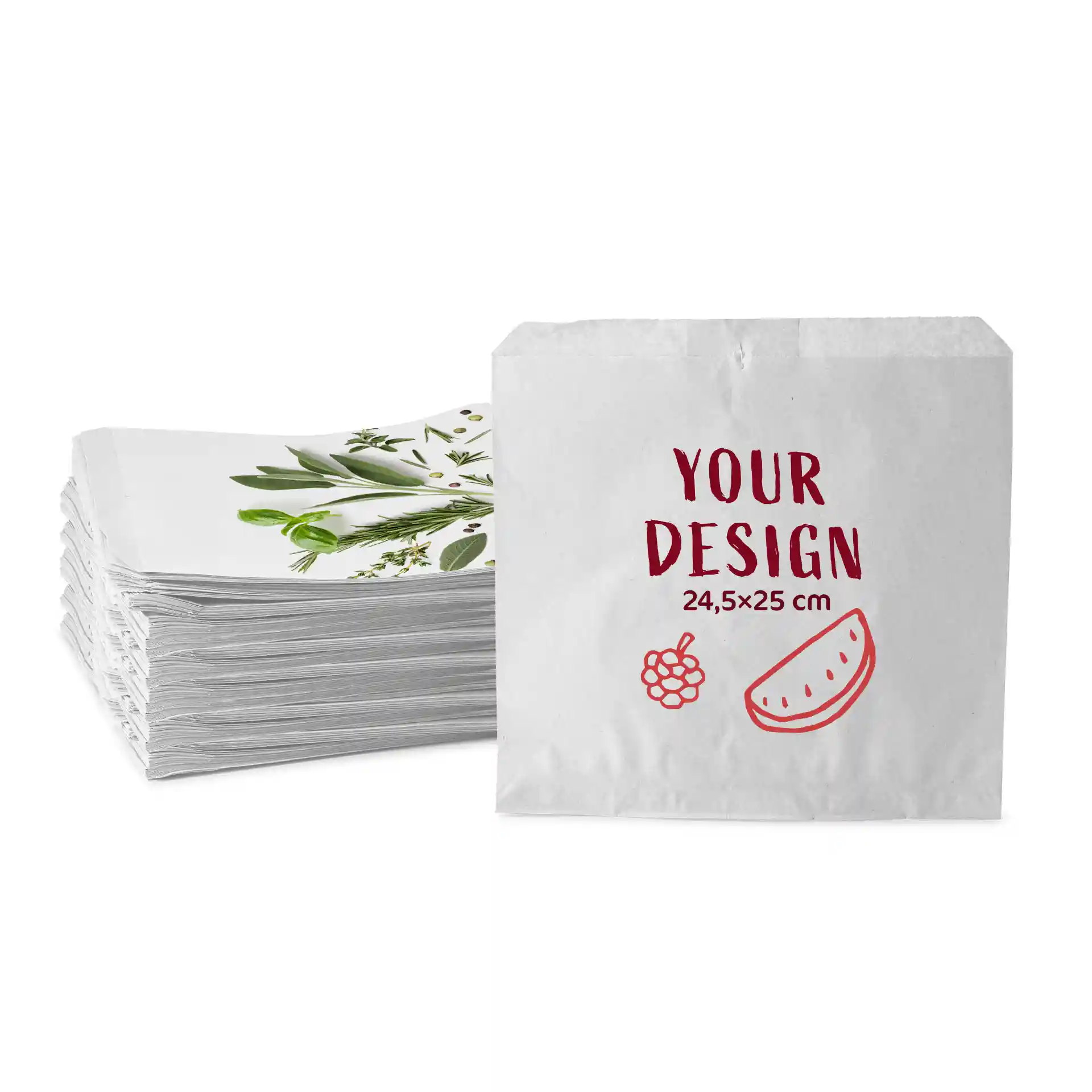 Sac plat blanc avec une zone de design, mesurant 24,5 × 25 cm, empilé avec des sacs similaires derrière.