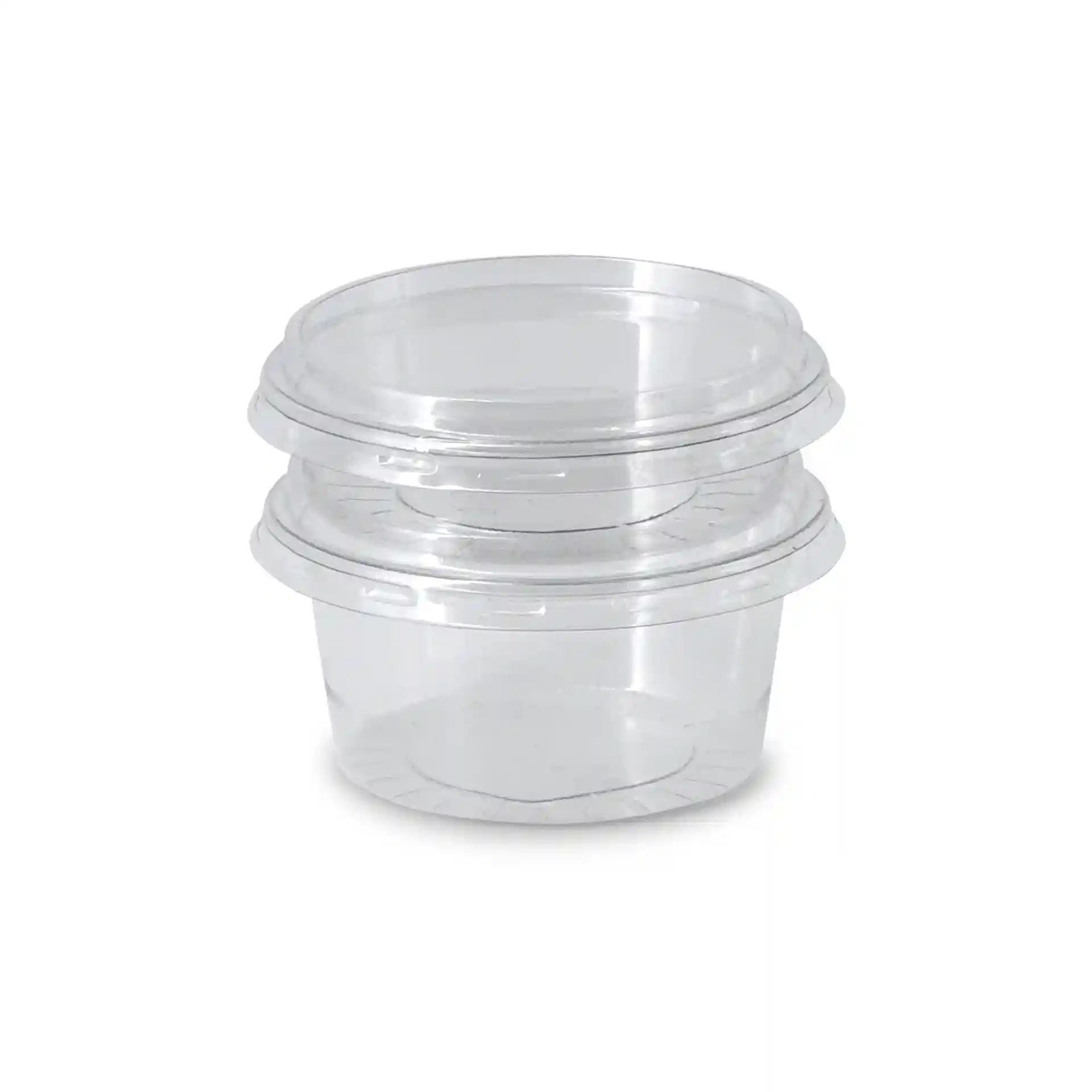Pots à sauce rPET transparents empilés, chacun d'une capacité de 50 ml et d'un diamètre de 75 mm.