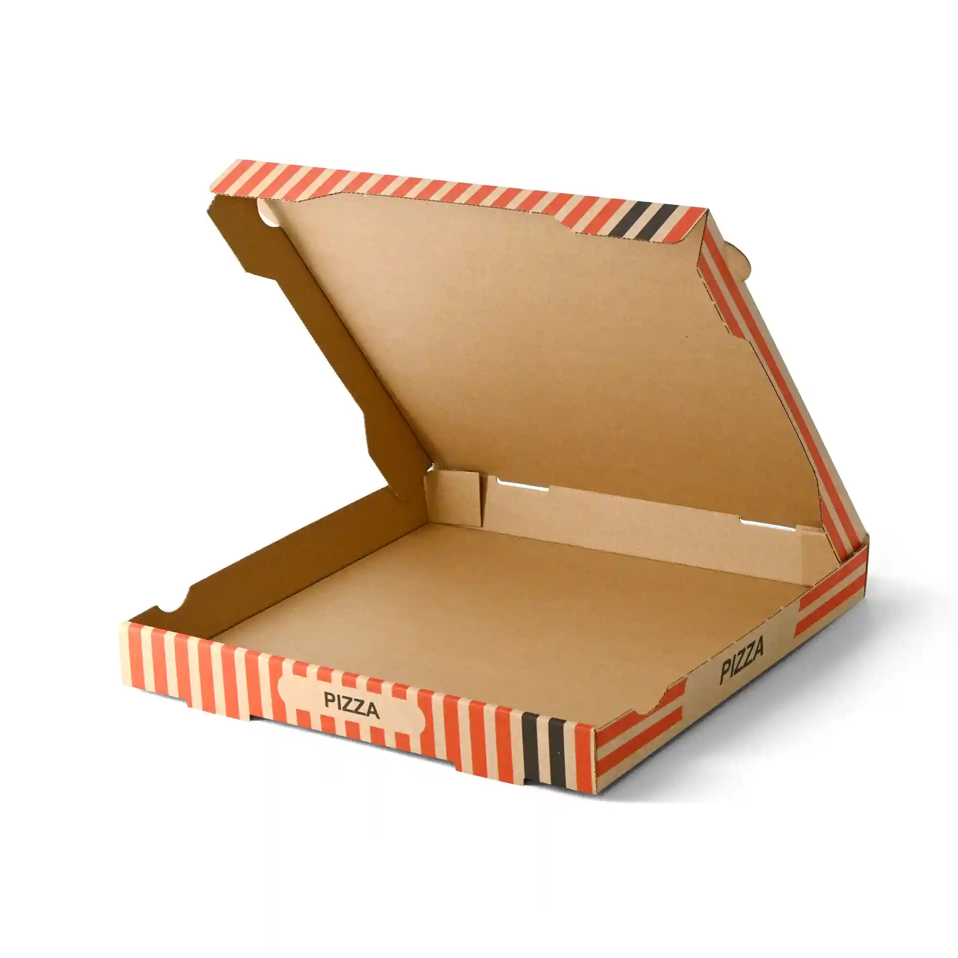Boîte à pizza brune avec un design de chef pizzaiolo, mesurant 32 x 32 x 4 cm, montrée ouverte.
