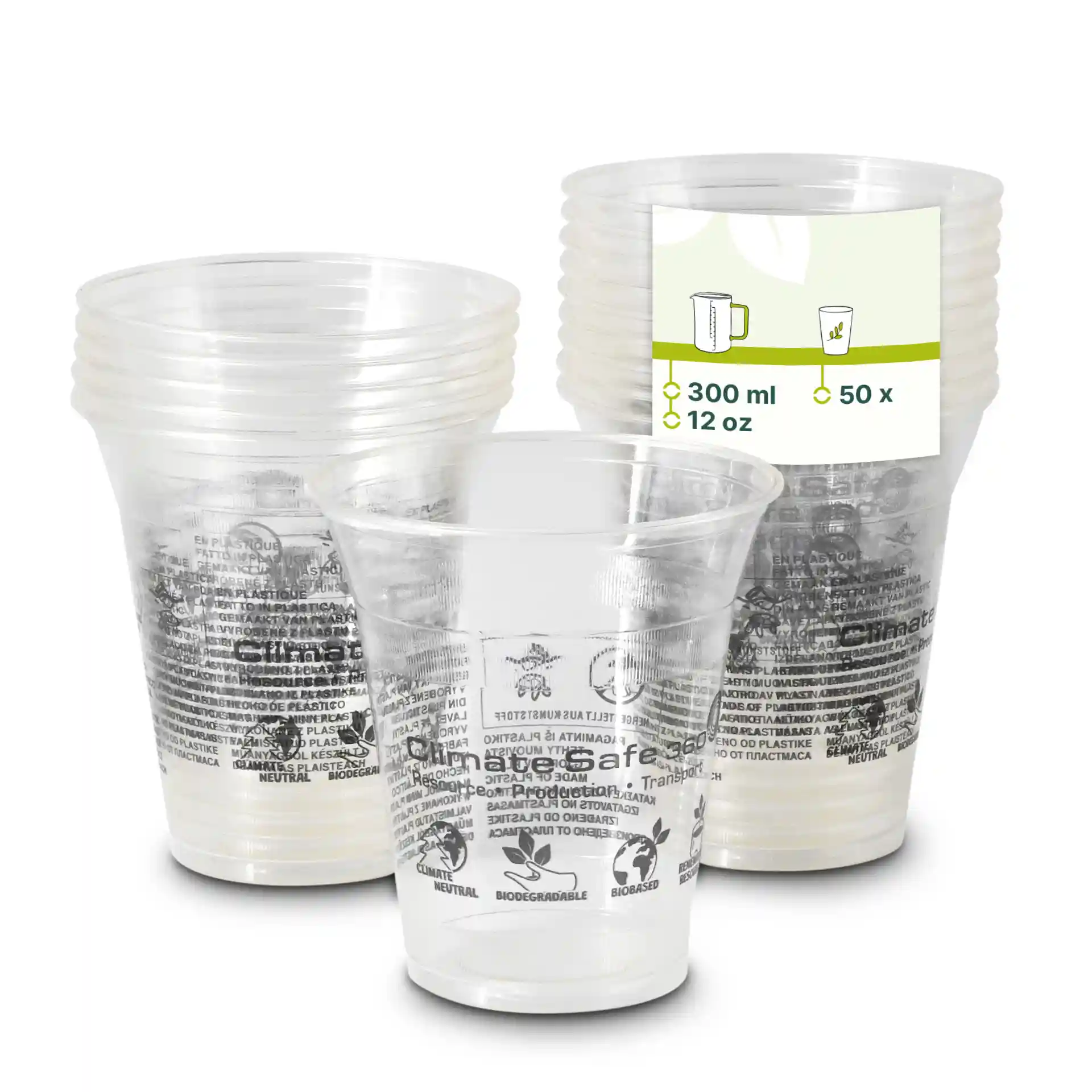 Gobelets à smoothie PLA transparents de 12 oz empilés, avec un gobelet devant montrant des marquages et une étiquette indiquant le volume et la quantité.