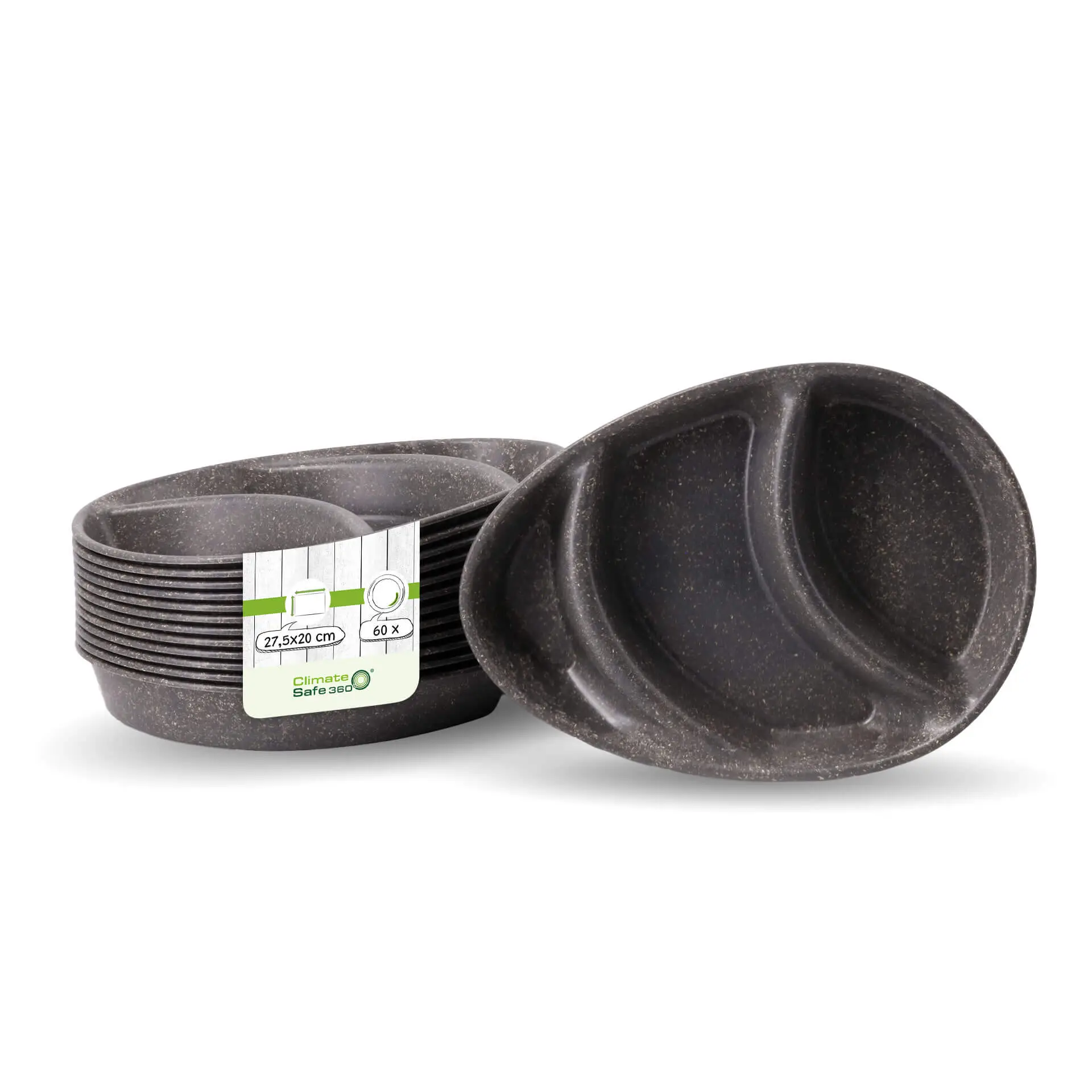 | 2 POUR 1 |  Assiette repas réutilisable « merways Plate » poivre / gris 27,5 x 20 x 3,5 cm, 3 compartiments, ovale dfc00838-2-fuer-1-mehrweg-menue-teller-merways-plate-275-x-20-x-35-cm-3-kammern-tropfenfoermig-pfeffer-grau