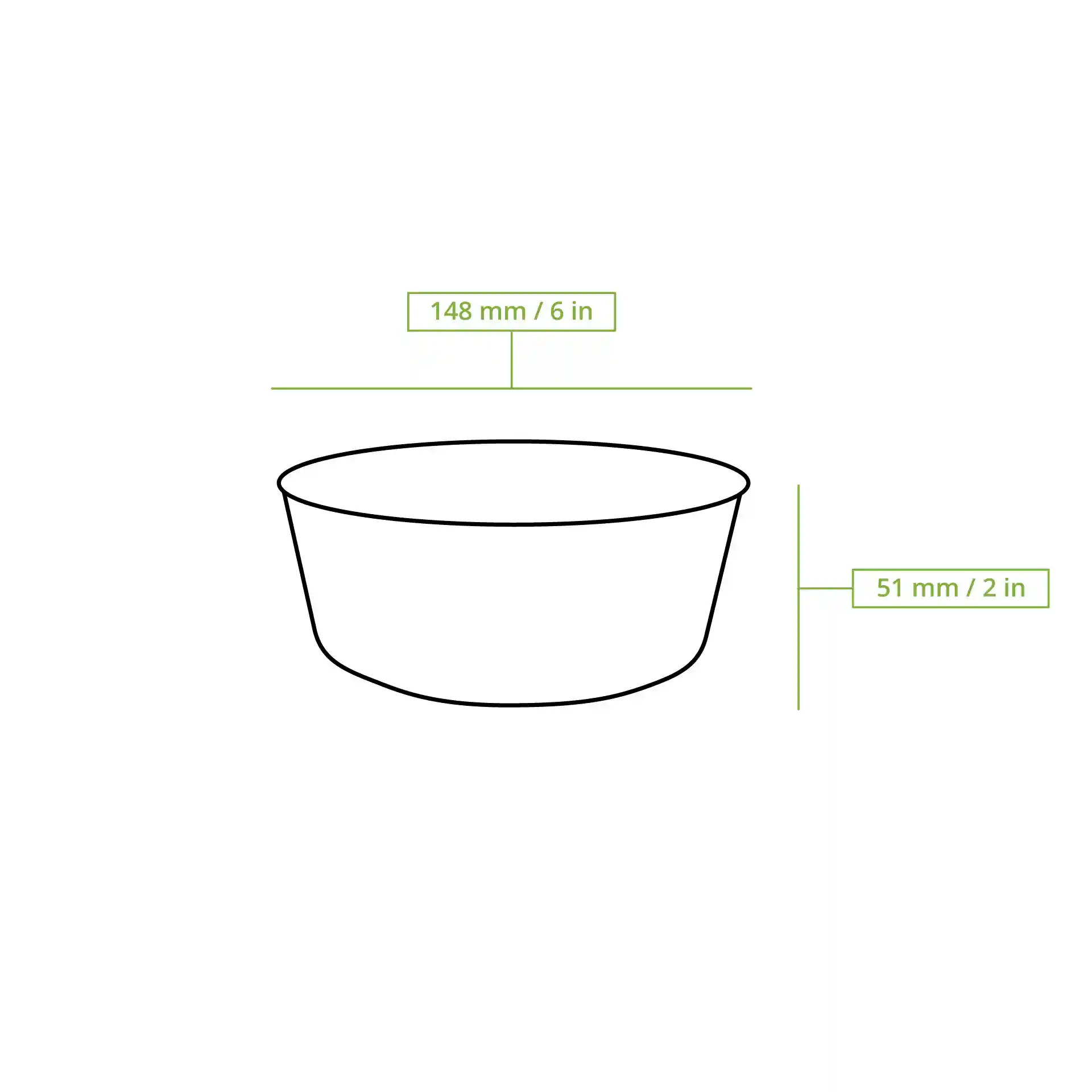 Dessin schématique d'un bol en carton rond avec des lignes de dimension montrant un diamètre de 150 mm et une hauteur de 51 mm.