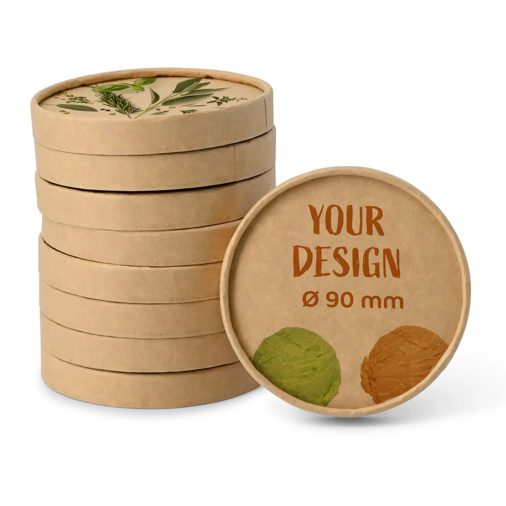 Couvercle en carton brun pour pots de glace avec un design imprimé, diamètre de 90 mm, empilé avec d'autres couvercles similaires derrière.