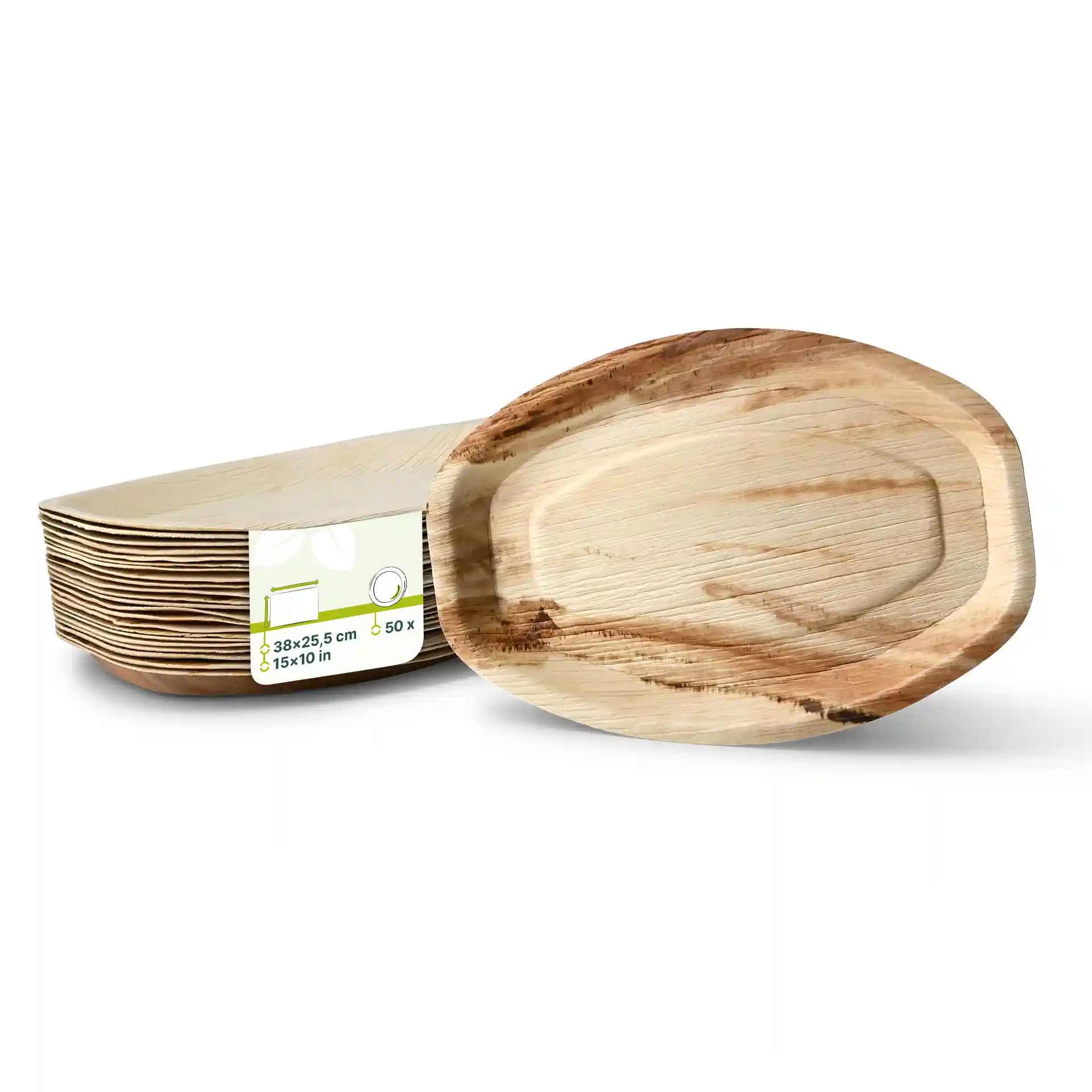 Plateau rectangulaire en feuille de palmier avec finition en grain naturel, mesurant 38 x 25,5 cm, présenté avec une étiquette.