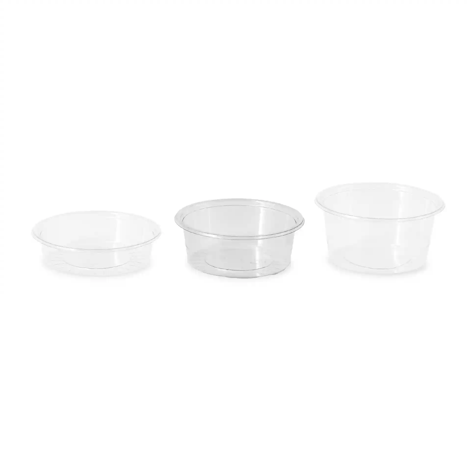Trois pots à sauce en rPET transparents de tailles variées, avec des diamètres de 75 mm et des hauteurs de 26 mm.