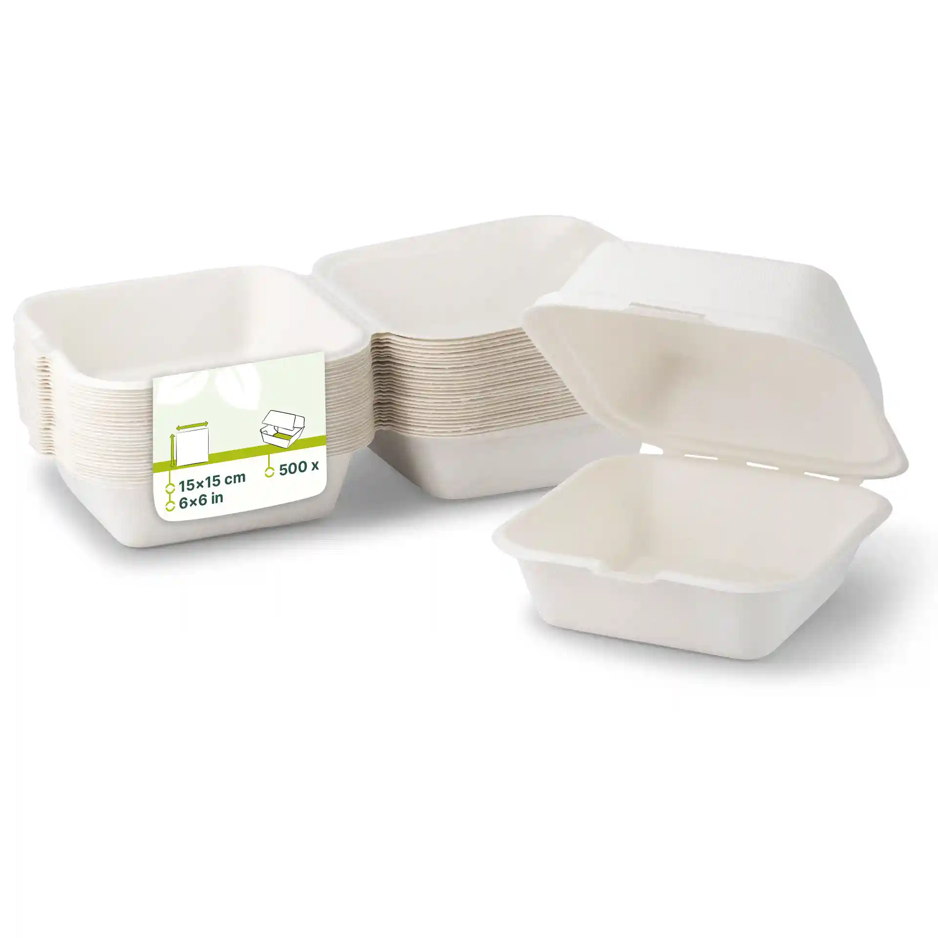Empilement de boîtes à burgers en canne à sucre blanches, forme carrée, avec une boîte ouverte montrant l'intérieur.