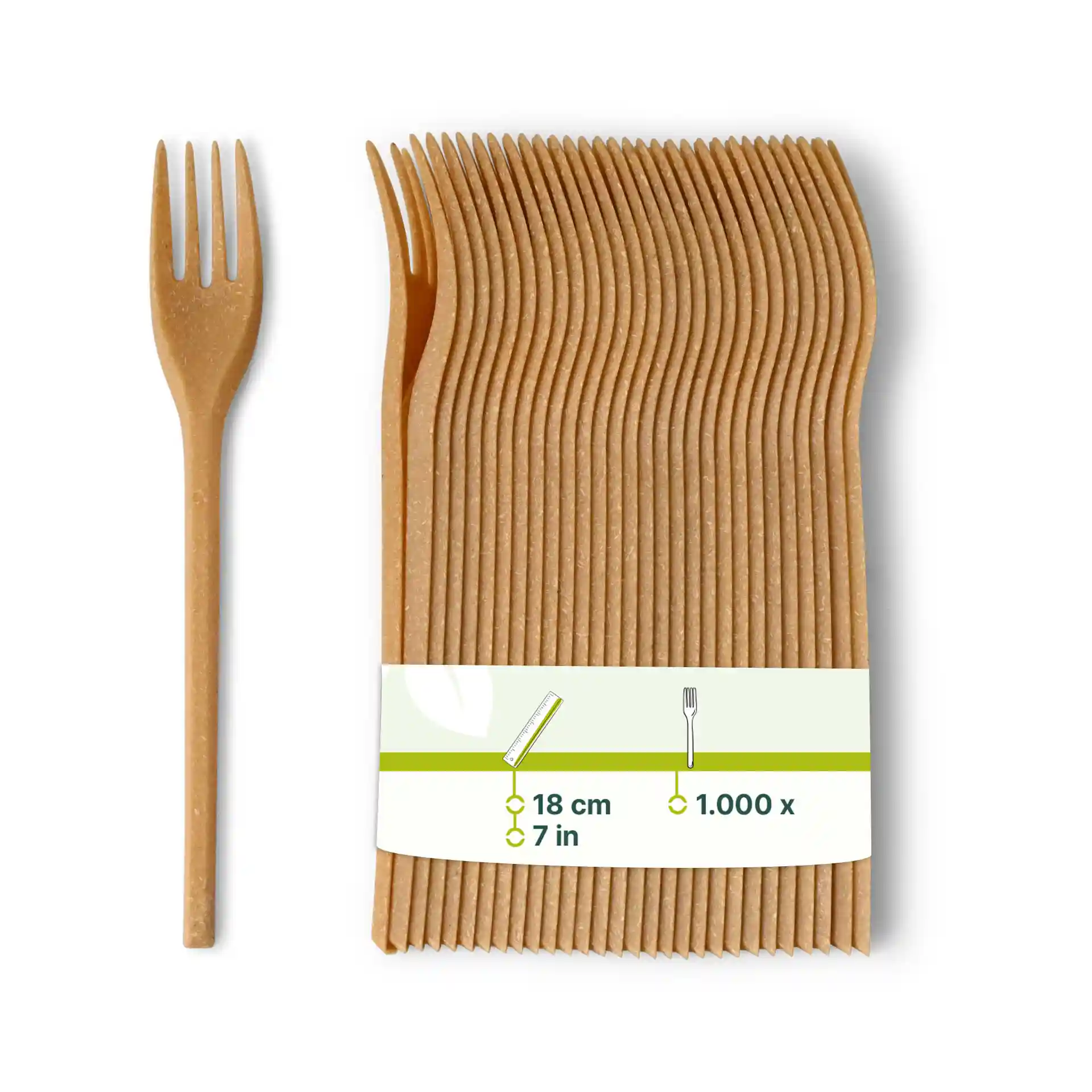 Fourchette réutilisable marron en composé bio, 18 cm de long, avec un paquet de plusieurs fourchettes.