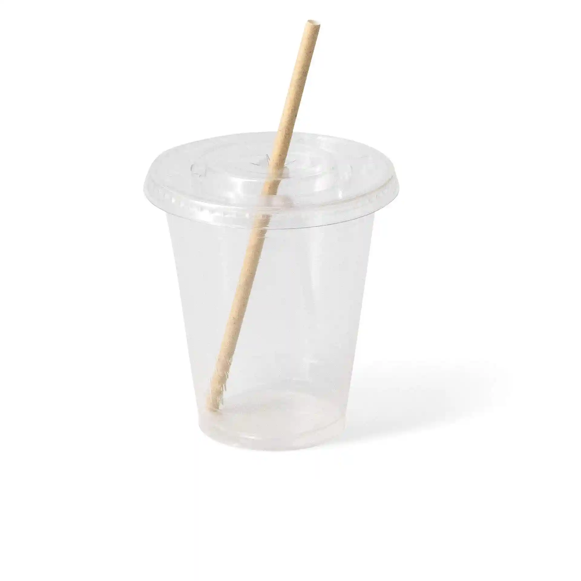Gobelet en plastique transparent de 12 oz avec une paille en papier, diamètre de 95 mm et hauteur de 106 mm.