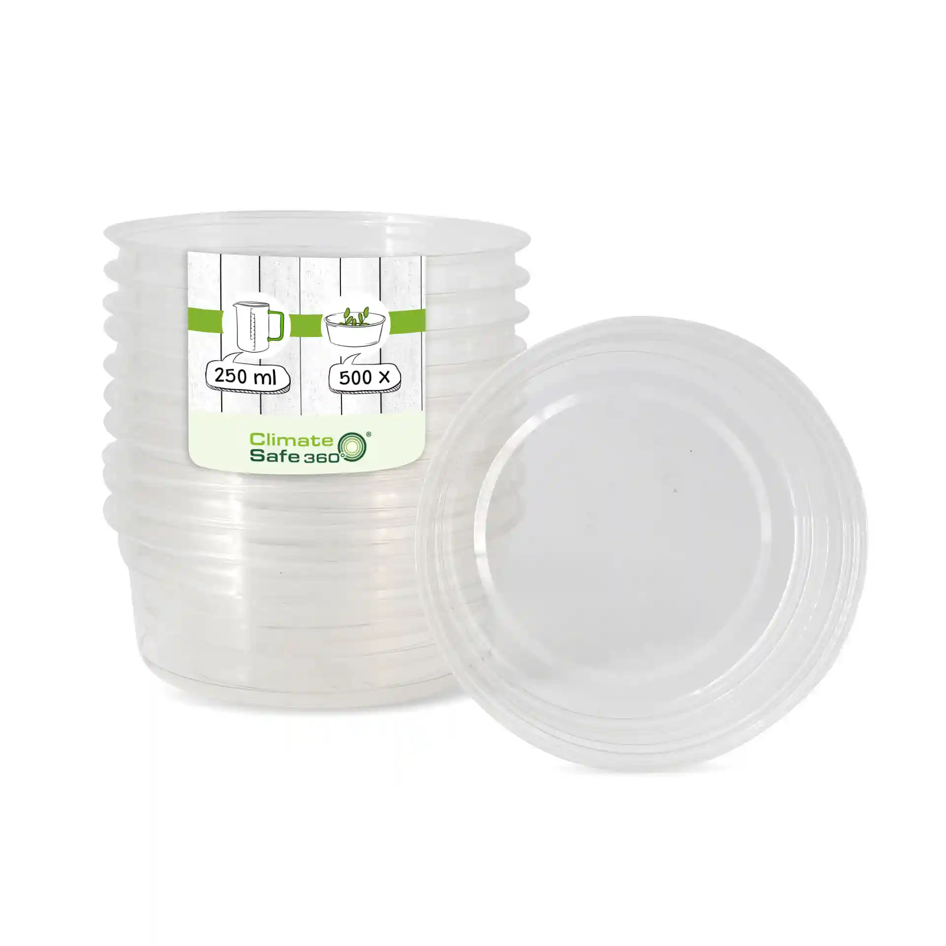 Conteneur rond transparent de 250 ml, avec un diamètre de 117 mm et une hauteur de 43 mm.