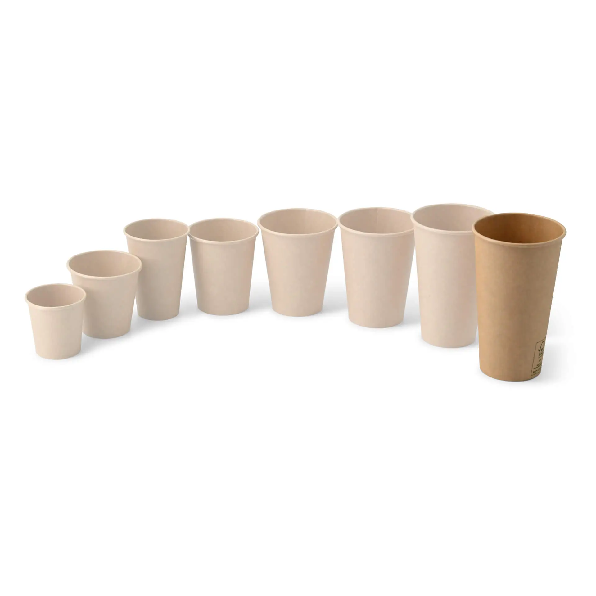 Ensemble de gobelets en papier à paroi simple de différentes tailles, incluant un gobelet brun en PLA, adapté pour les boissons chaudes et froides.
