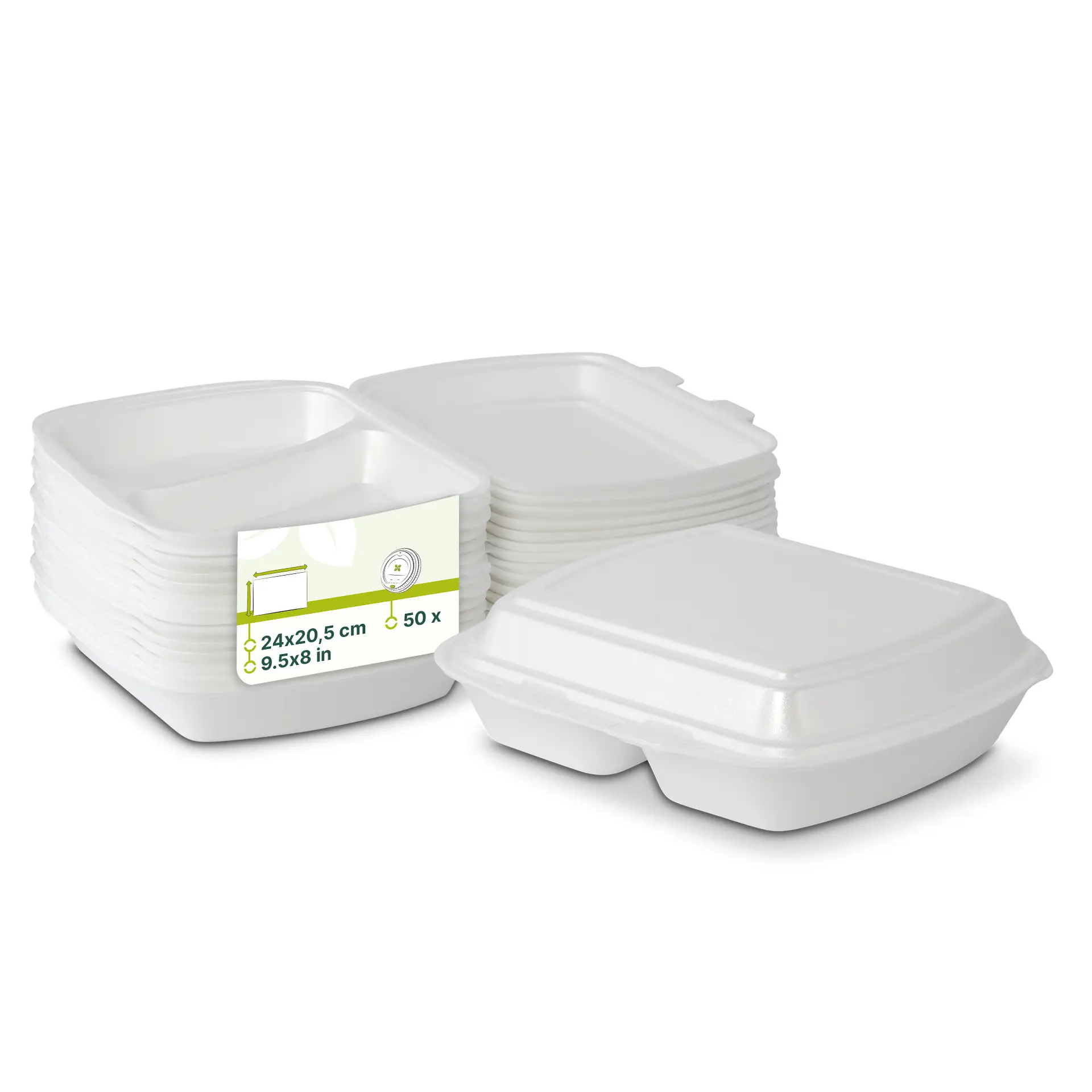 Containers à emporter blancs empilés, avec une étiquette indiquant la taille et la quantité, adaptés pour le stockage alimentaire.