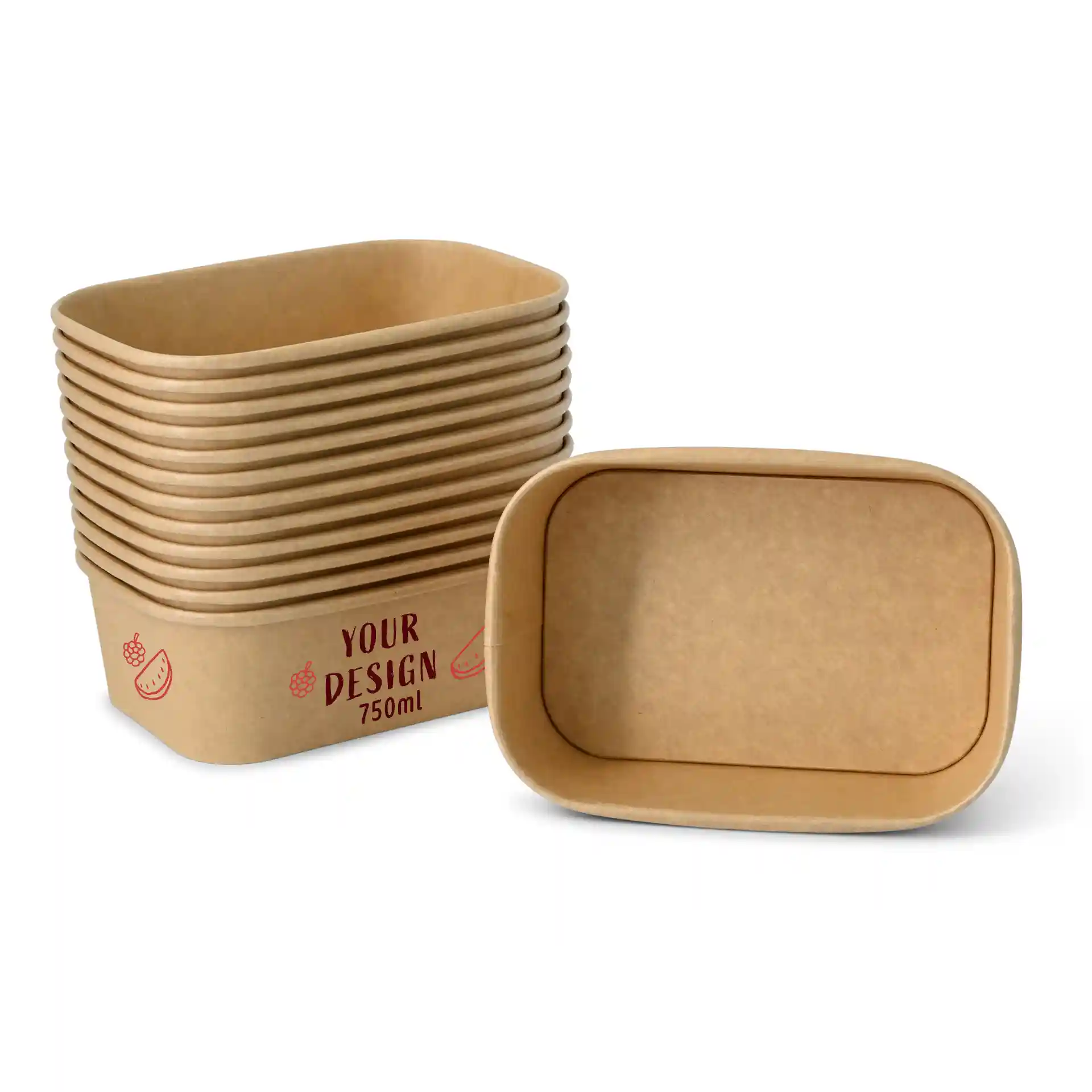 Bol rectangulaire marron avec un revêtement en PLA, capacité de 750 ml, empilé avec un bol devant.