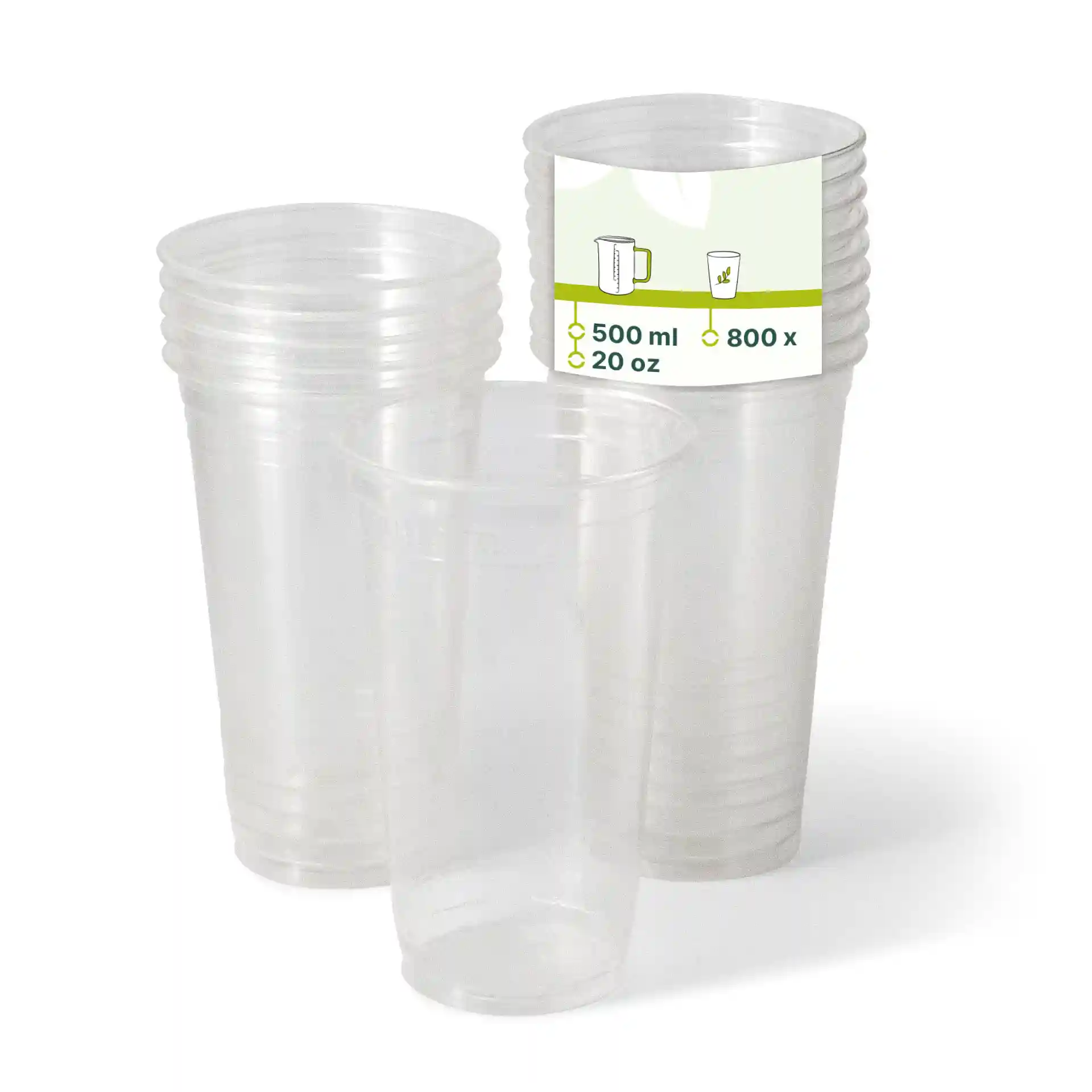 Gobelets en plastique transparents empilés, avec une étiquette indiquant une capacité de 500 ml et une quantité de 800 gobelets.