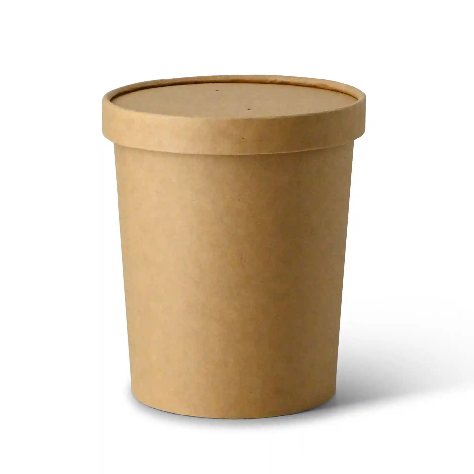 Gobelet en carton brun pour soupe, forme ronde avec couvercle, mesurant 130 mm de hauteur et 115 mm de diamètre.