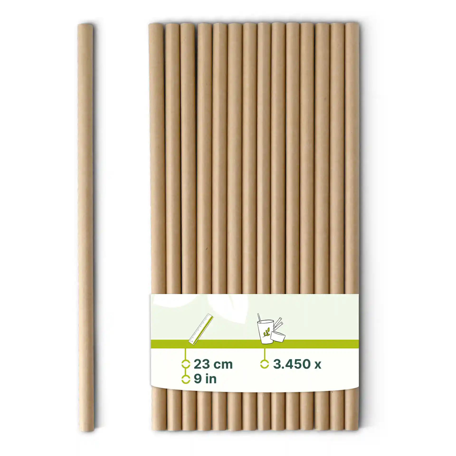 Pailles jumbo en papier brun, 23 cm de long et 0,8 cm de large, disposées verticalement avec une étiquette.